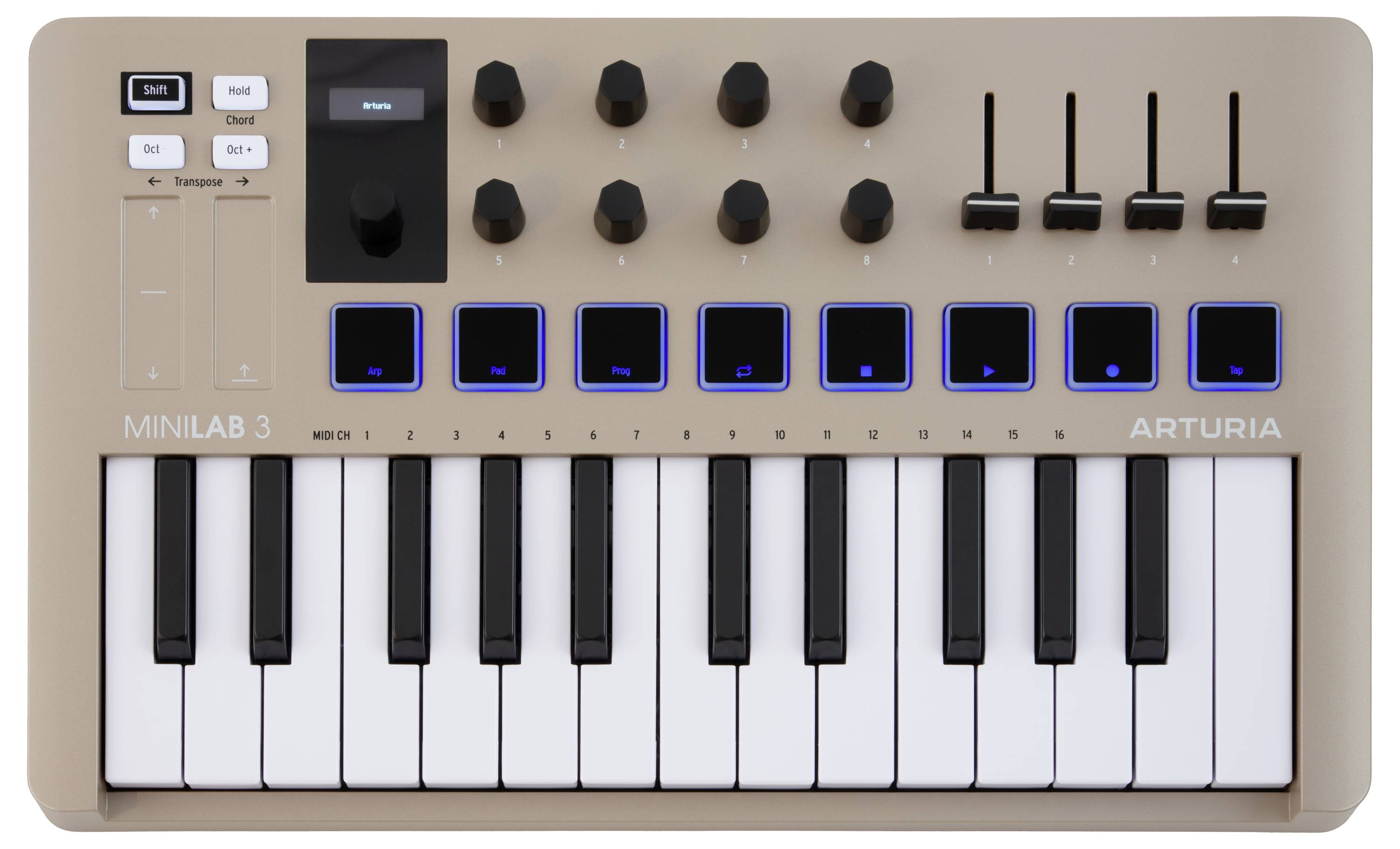 'Arturia MiniLab 3' MIDI controller features a compact keyboard with 16 pads, 8 knobs, and 4 sliders for music production.