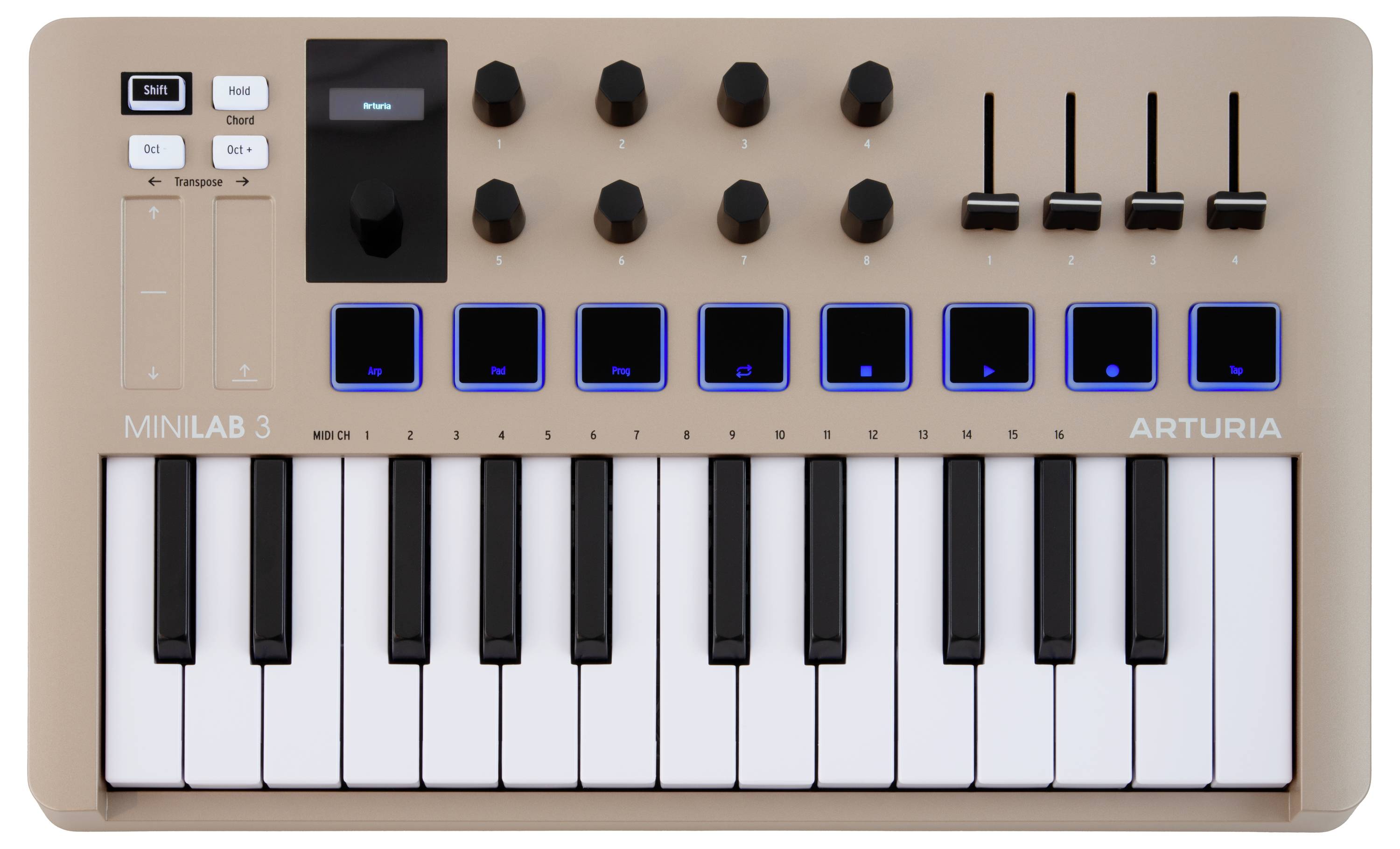 'Arturia Minilab 3' MIDI controller with 25 keys, eight pads, eight knobs, and four faders; used for music production and control.