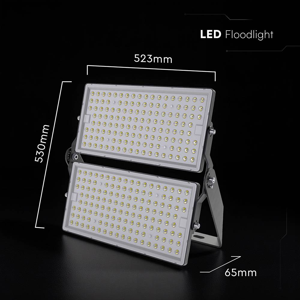 'LED Floodlight' with two rectangular panels, 530mm tall, 523mm wide, and 65mm deep, shown against a dark background.