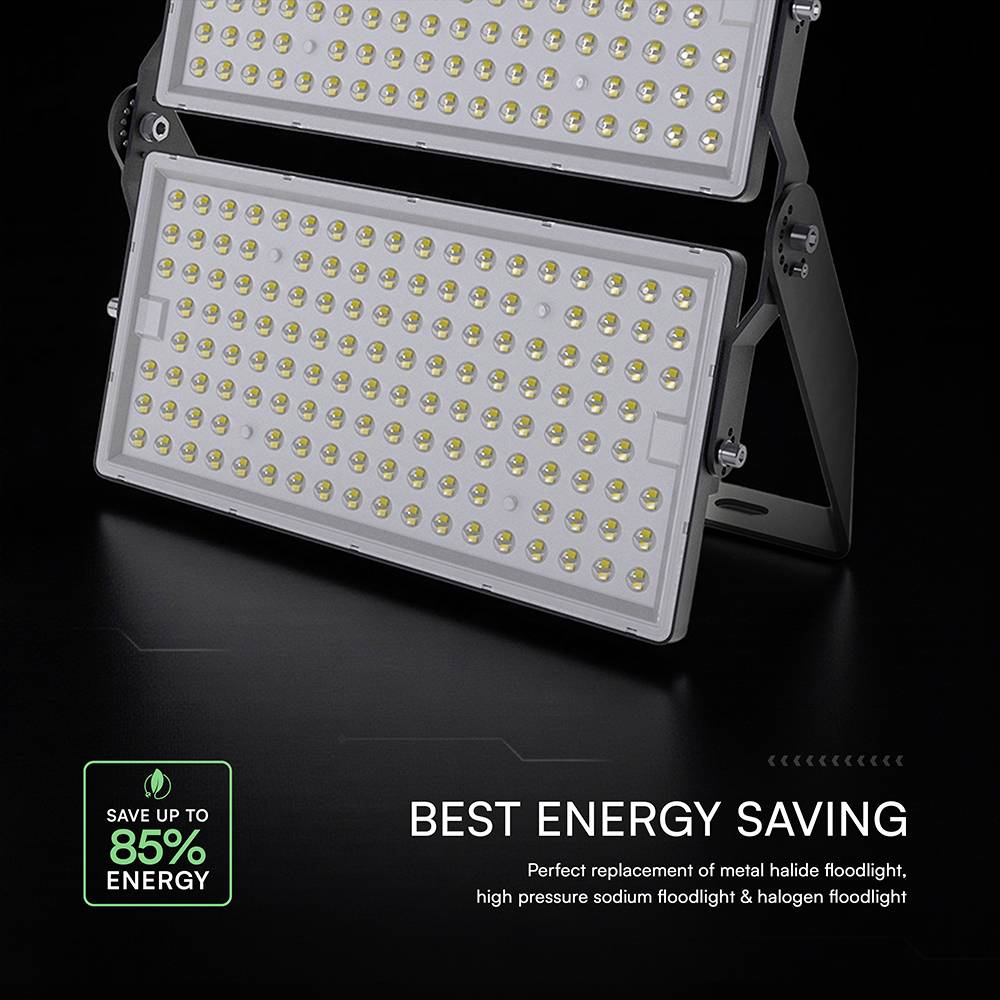 'A white and gray LED floodlight with rows of small bulbs is shown on a black background. Text reads: Best Energy Saving, Save up to 85% Energy.'
