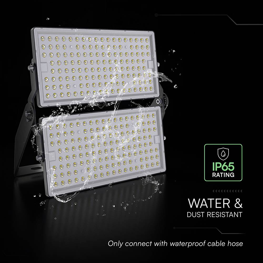 'Two LED floodlights with multiple diodes, labeled IP65 rating for water and dust resistance. Text: Water & Dust Resistant. Only connect with waterproof cable hose.'