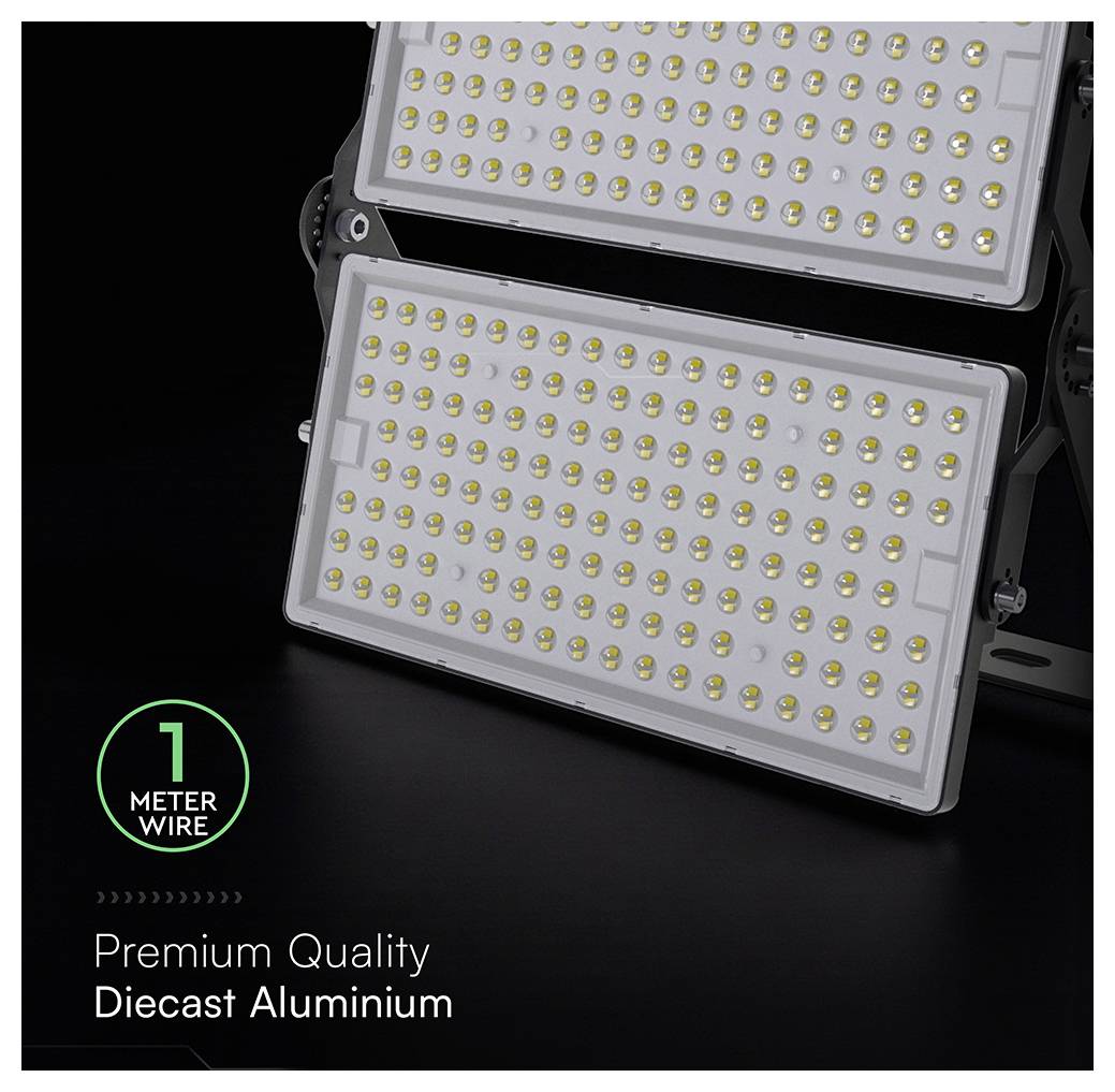 Rectangular LED light panel with numerous small bulbs, mounted on a black frame. Text below reads 'Premium Quality, Diecast Aluminium', alongside '1 METER WIRE' inside a circle.