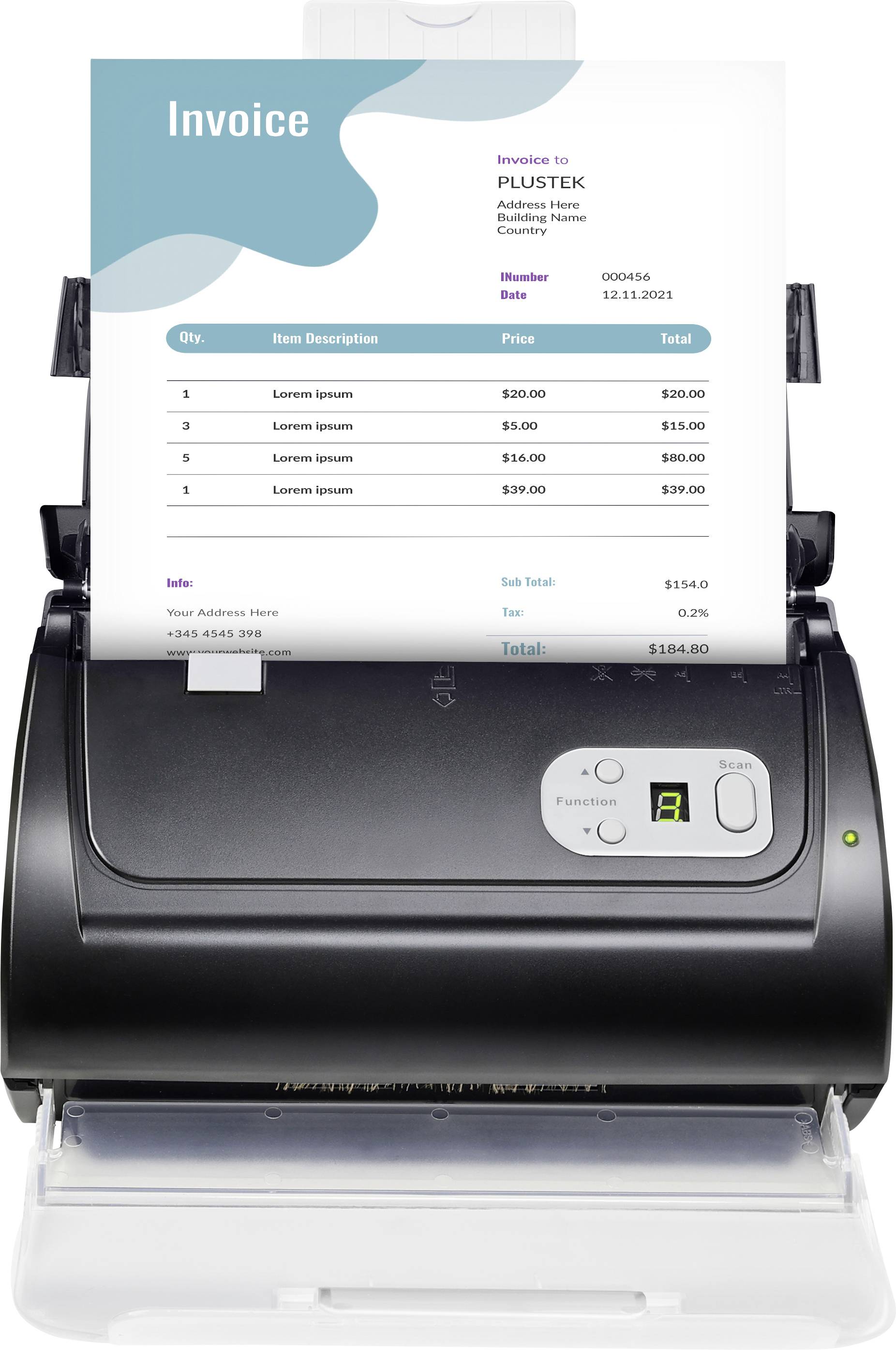 A scanner printing an invoice titled 'Invoice' for 'Plustek' with item list, quantities, prices, and total amount of $184.00.