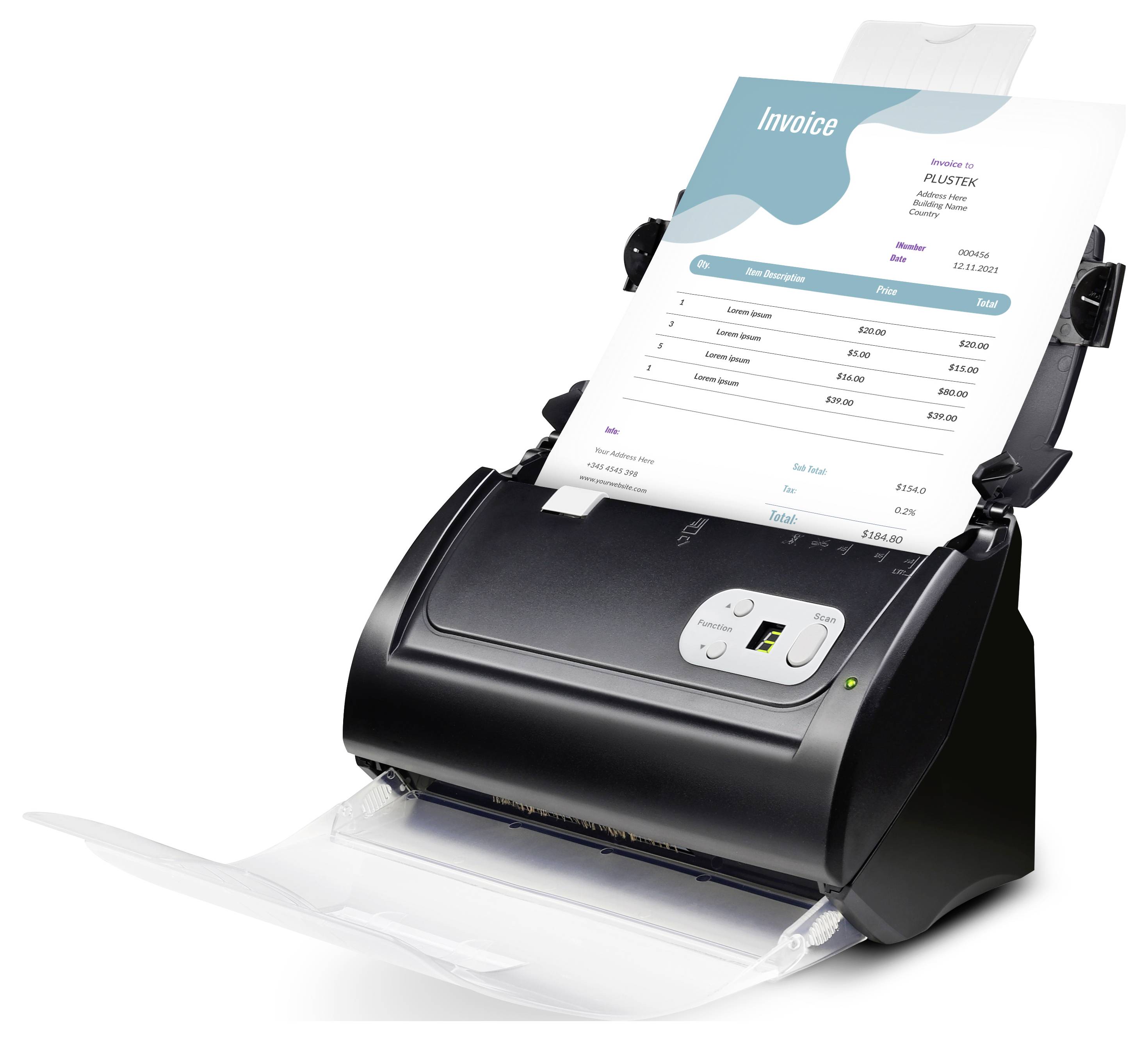 A scanner with an invoice being scanned. The invoice has a wavy green header and lists item descriptions and prices.