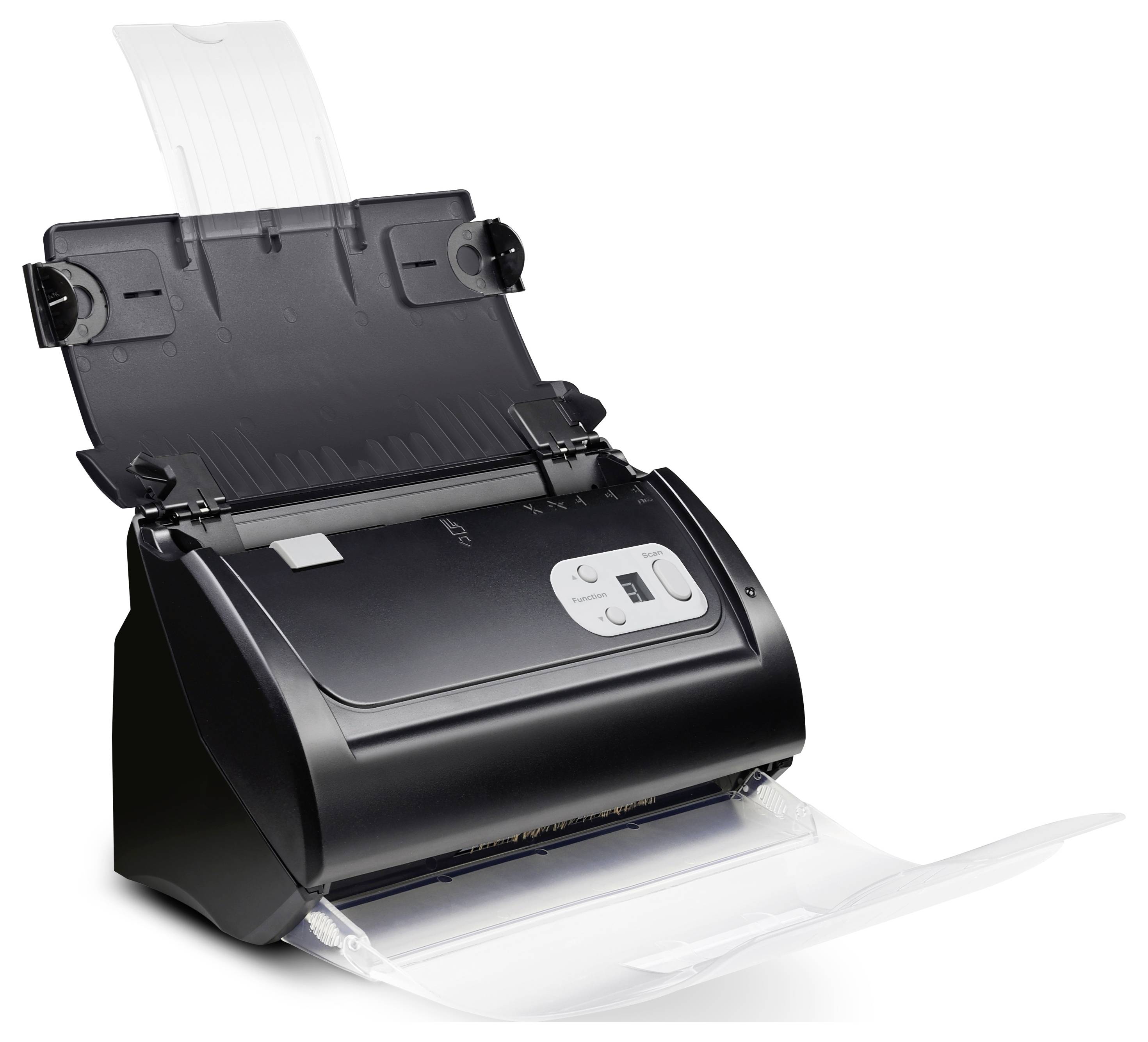 An open black paper scanner on a white background, with a sheet inserted, ready for scanning.