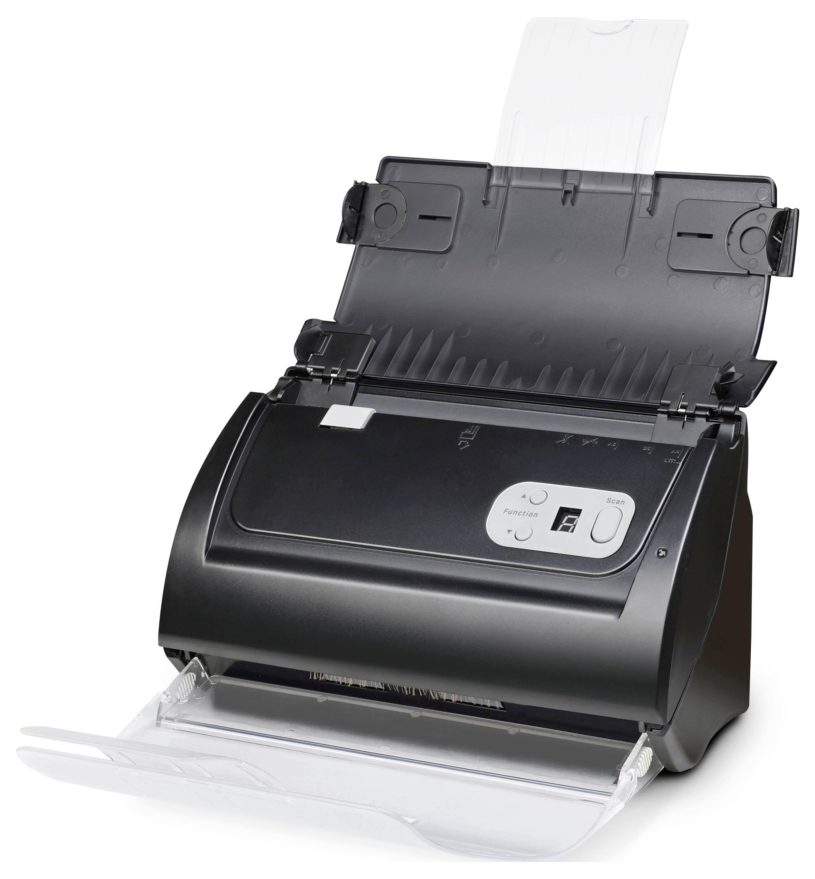 An open document scanner with a sheet feeder, ready for scanning documents. Several control buttons are visible on the front panel.