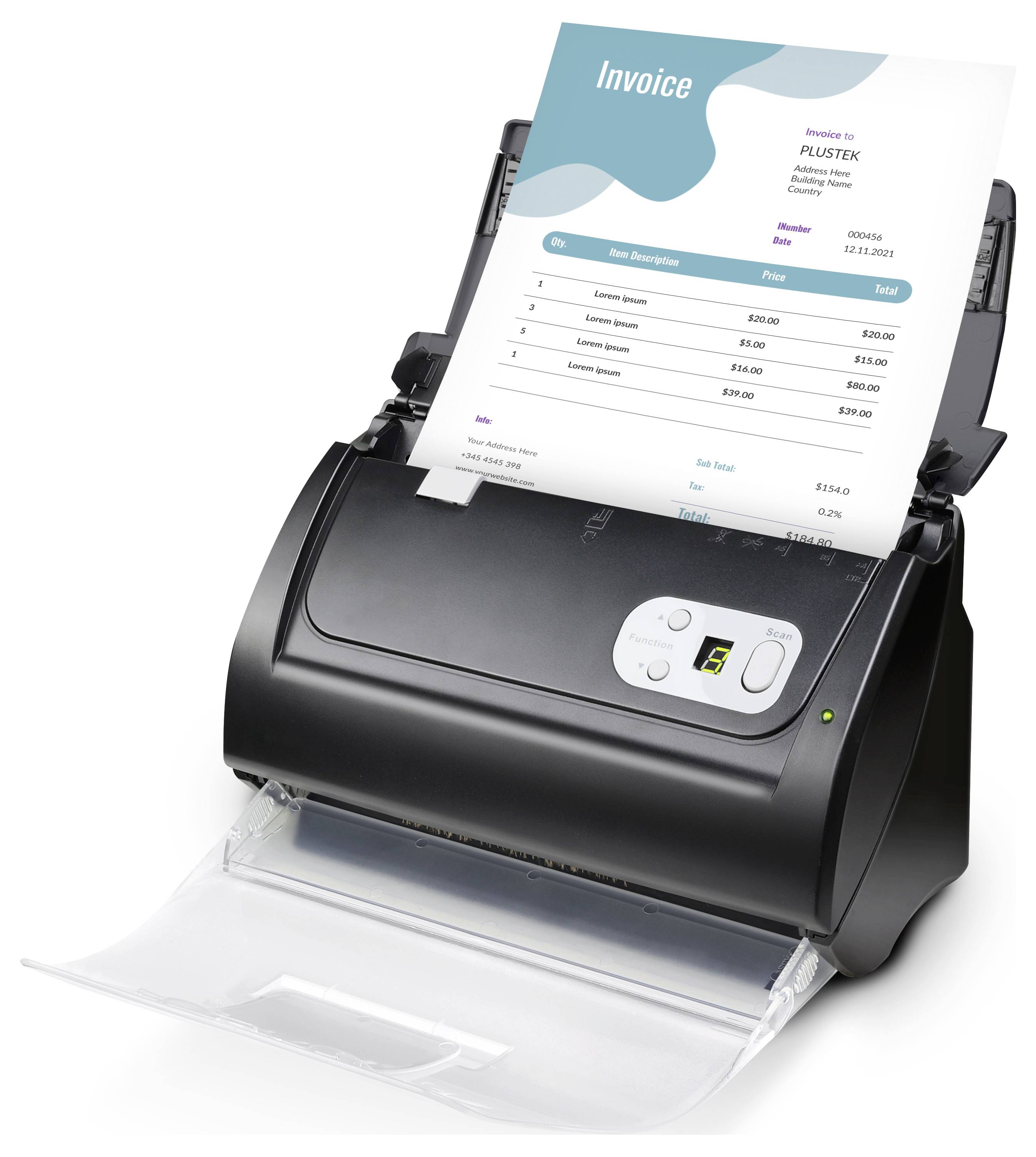 A black scanner with an 'Invoice' document partially scanned, showing item descriptions and prices.