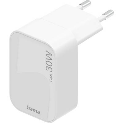 White 30W GaN wall charger with European plug, featuring 'hama' brand and sleek design for efficient charging.