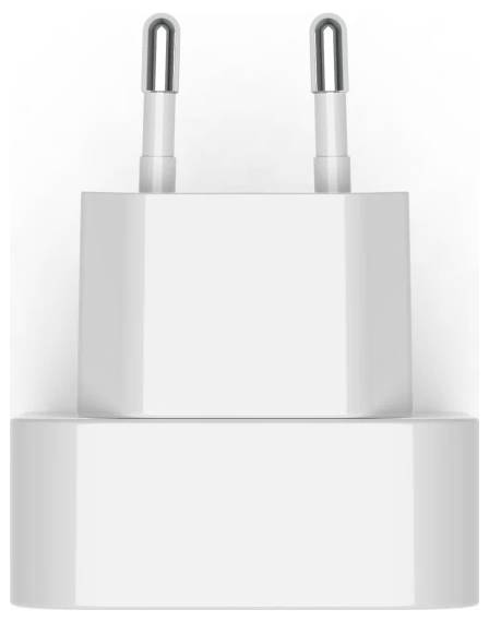 A white, two-prong electrical plug adapter suitable for European outlets. It's shown against a plain background.