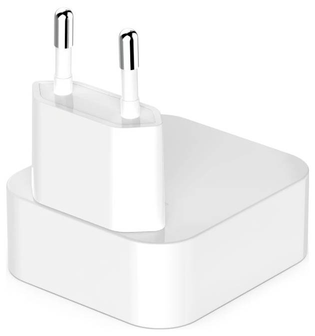 A white wall charger with two round, silver prongs, suitable for European outlets, placed on a plain white background.