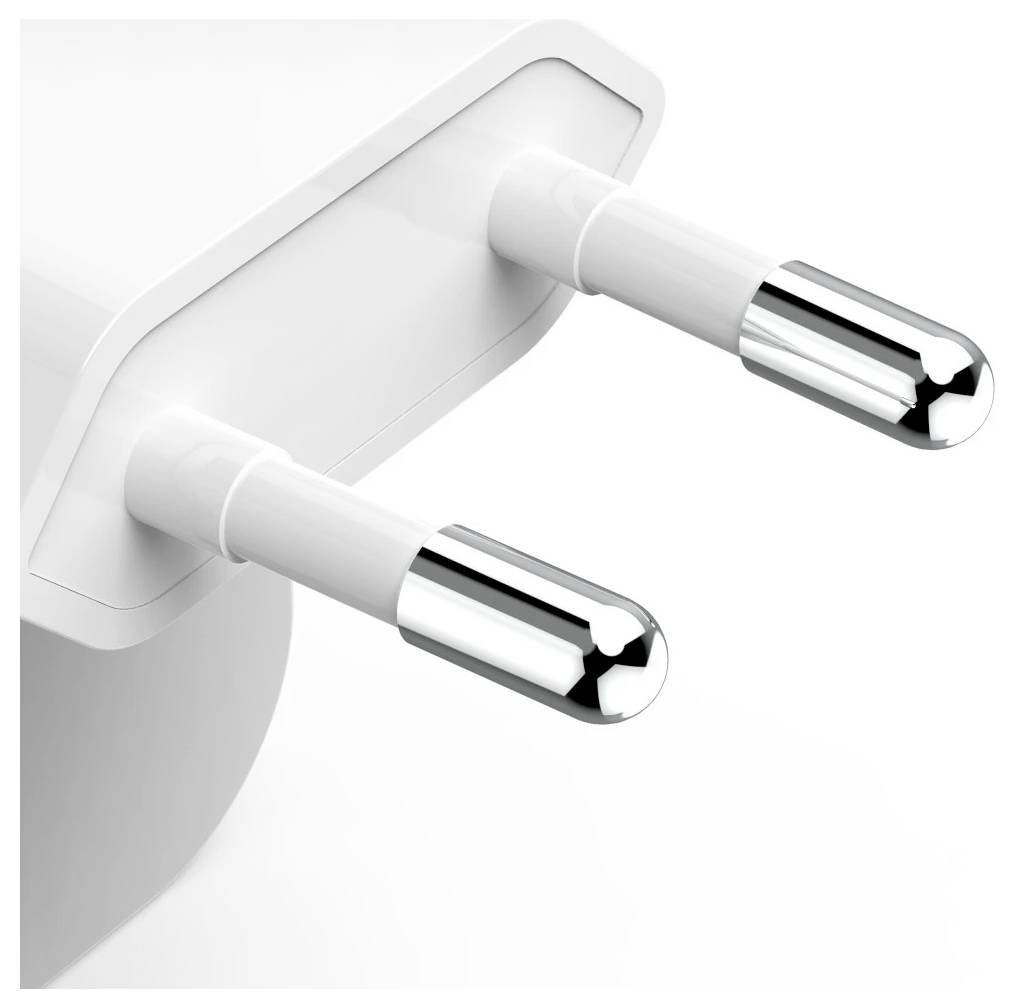 Close-up of a white electrical plug adapter with two silver prongs, designed for connecting devices to a power outlet.