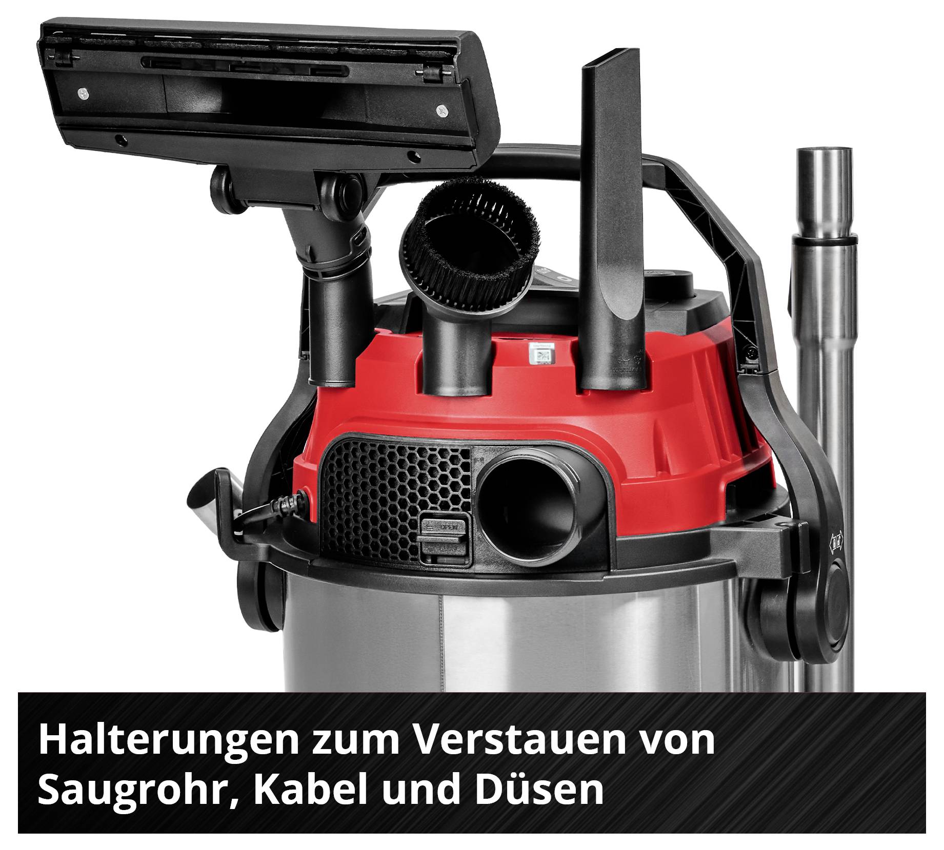 A vacuum cleaner with holders for storing the suction tube, cable and nozzles, red and black design, silver container.