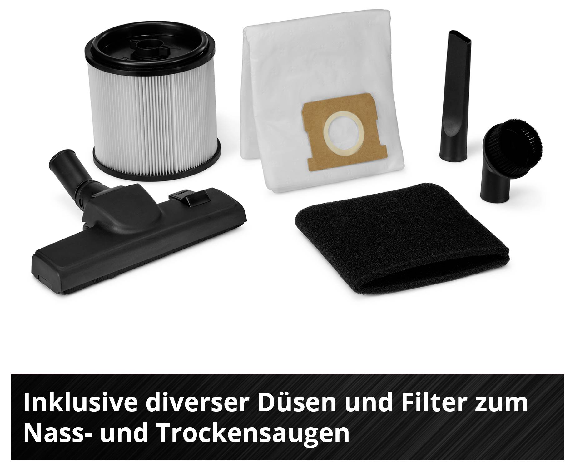'Various nozzles and filters for wet and dry vacuum cleaners, including floor and crevice nozzle, brush head, filter and dust bag.'