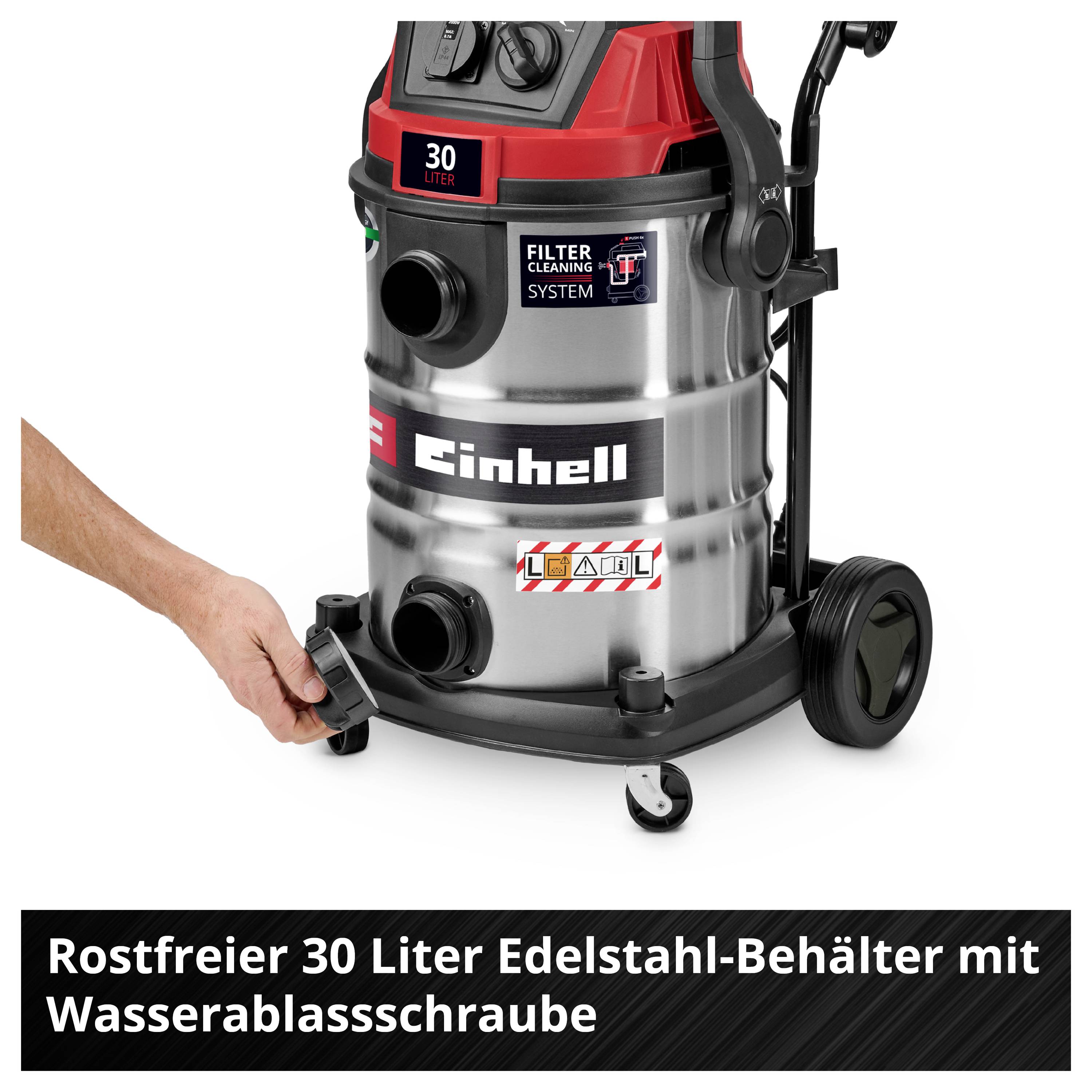 Industrial vacuum cleaner with stainless steel container, 30-litre capacity, wheels and water drainage screw; single-handed operation demonstrated.