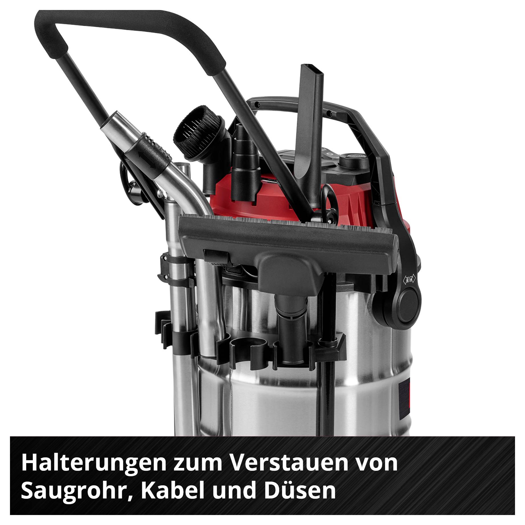 Industrial vacuum cleaner with holders for storing suction tube, cable, and nozzles. Black and red details accentuate the design.