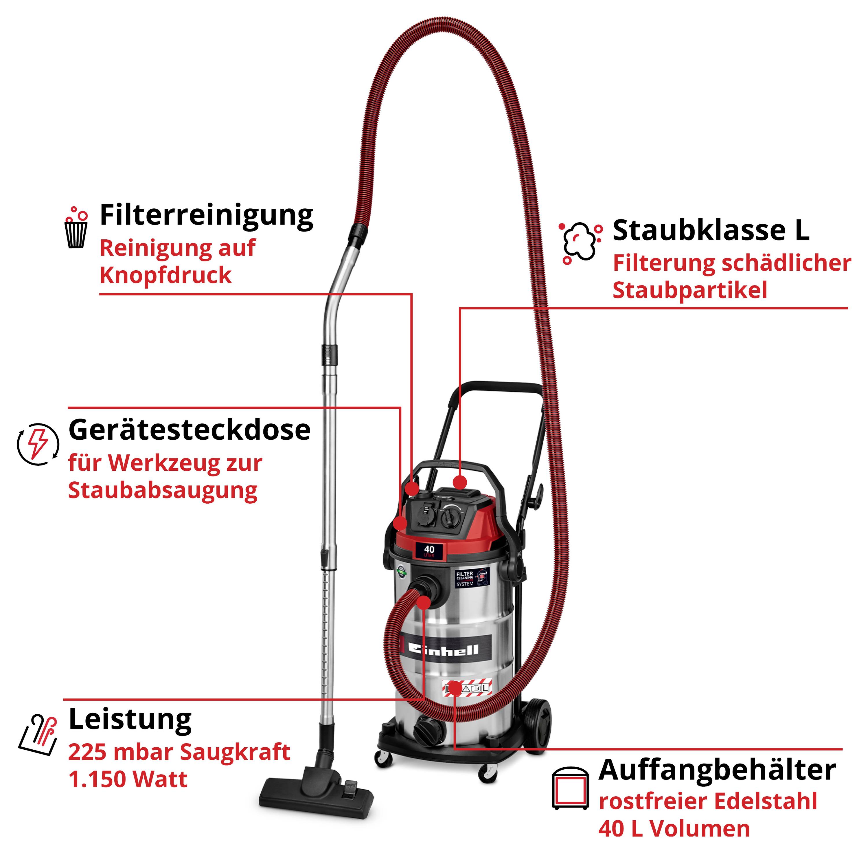 'Wet and dry vacuum cleaner with filter cleaning, device socket, dust class L, 225 mbar suction power and 40 L collection container.'