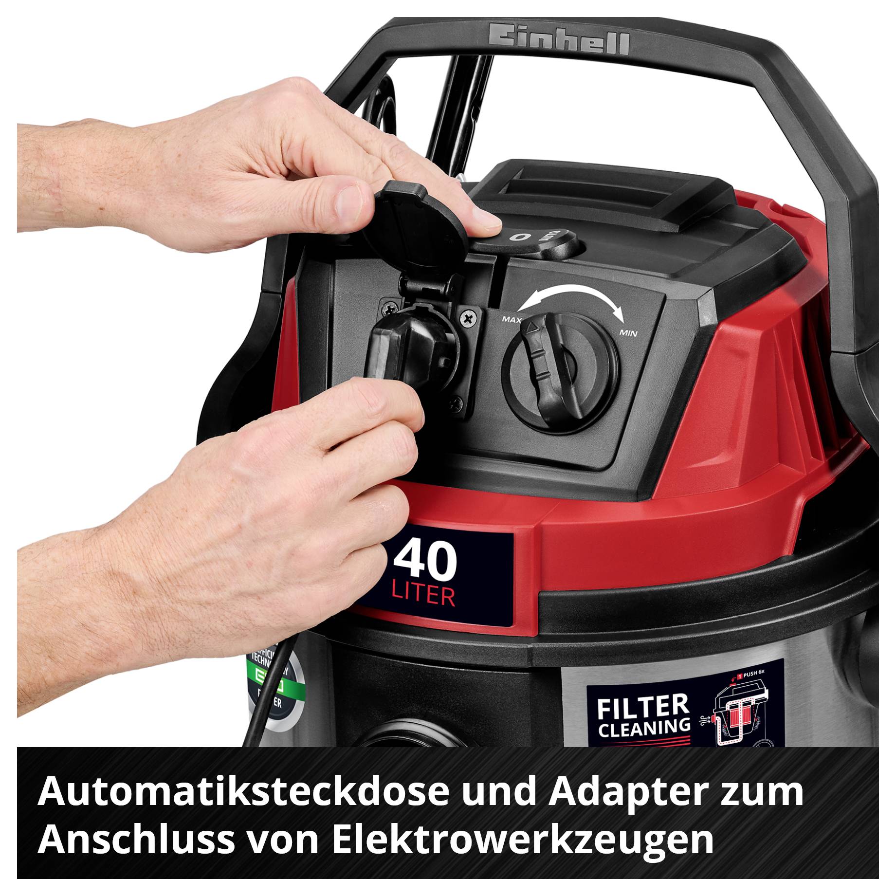 'Vacuum cleaner with a 40-litre capacity. Person operating the automatic socket for connecting electrical tools.'