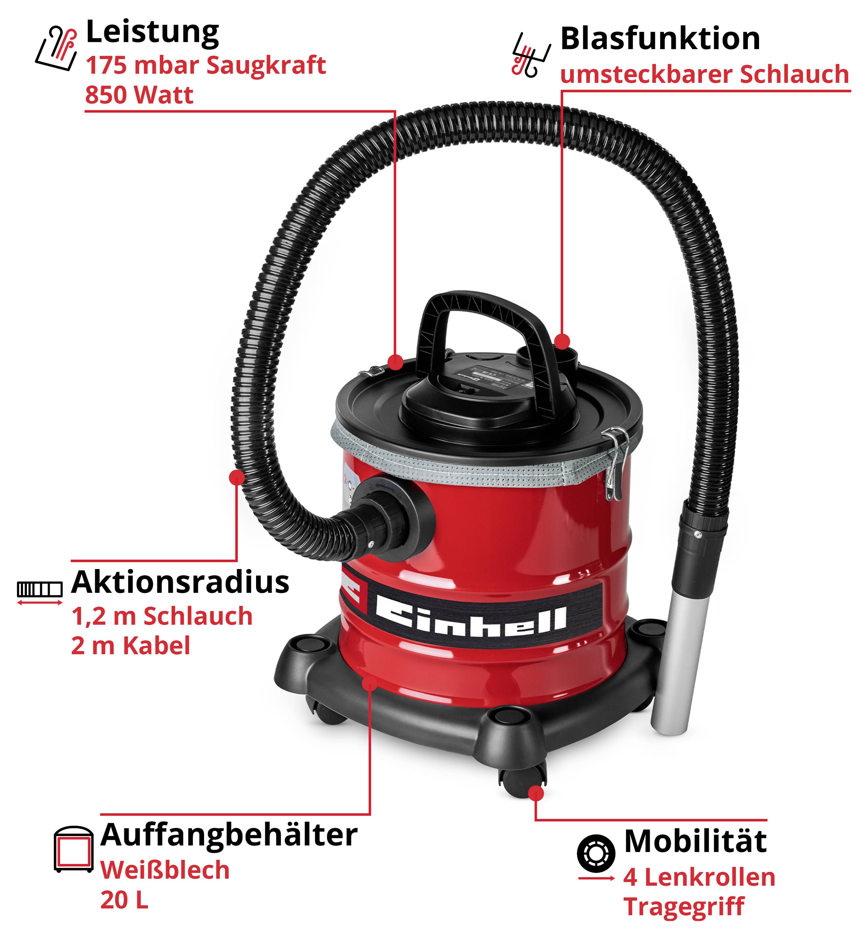 'Vacuum cleaner with 850 watts of power, 175 mbar suction power, blower function, 1.2 m hose, 2 m cable, 20 L container, 4 wheels.'