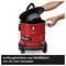 Red and black ash vacuum with a round metal container. An open lid reveals the filter. A hand is holding the lid handle.