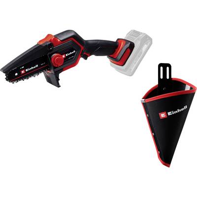 'Einhell cordless chainsaw with black and red design, accompanied by a fabric holster. Battery not included.'