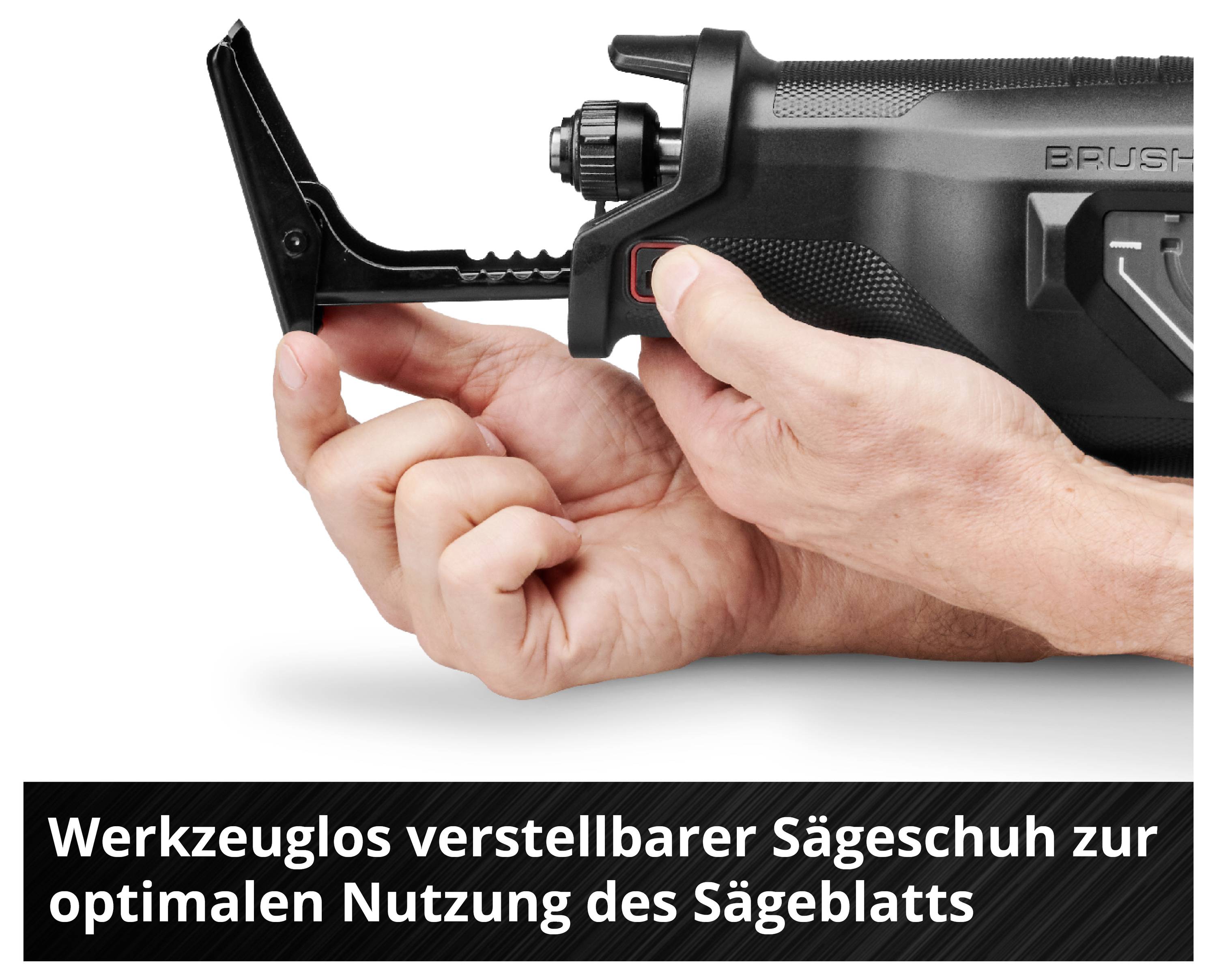 'Hands demonstrating how the tool-free adjustable saw shoe of a saw is adjusted for optimal utilisation of the saw blade.'