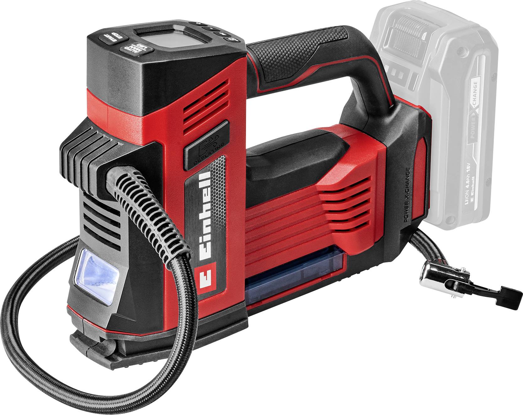 Red and black portable air compressor with digital display, hose, and battery slot. Designed for inflating tires. Brand name visible.