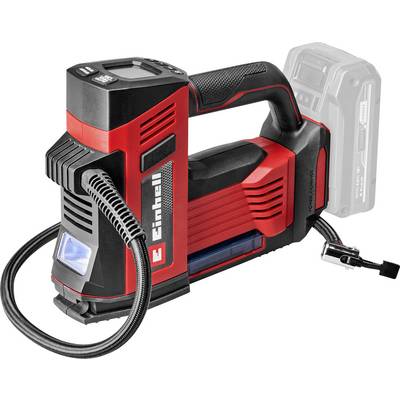 Red and black portable air compressor with digital display, hose, and battery slot. Designed for inflating tires. Brand name visible.