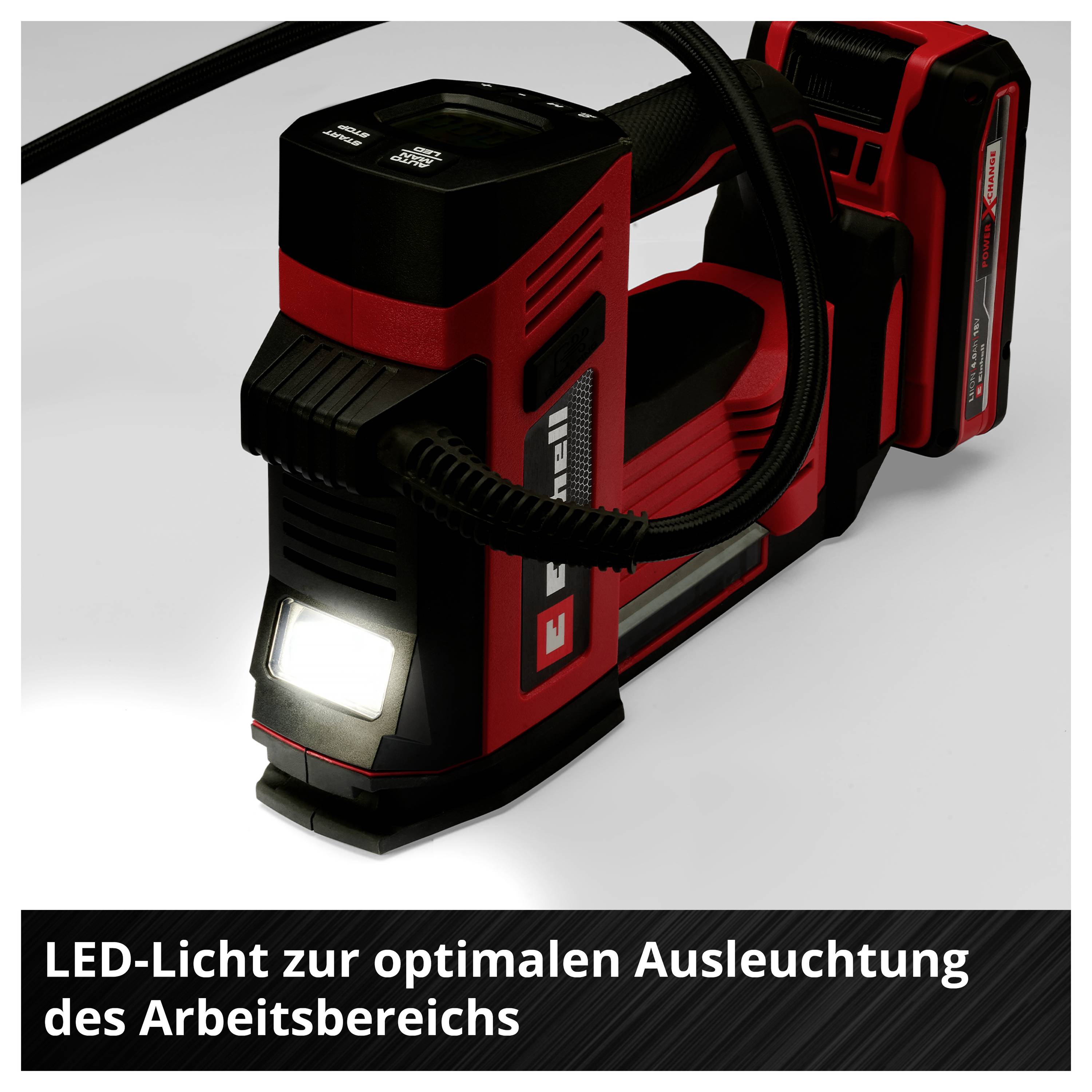 LED Worklight, red-black, with flexible cable. Text: 'LED light for optimal illumination of the working area'.