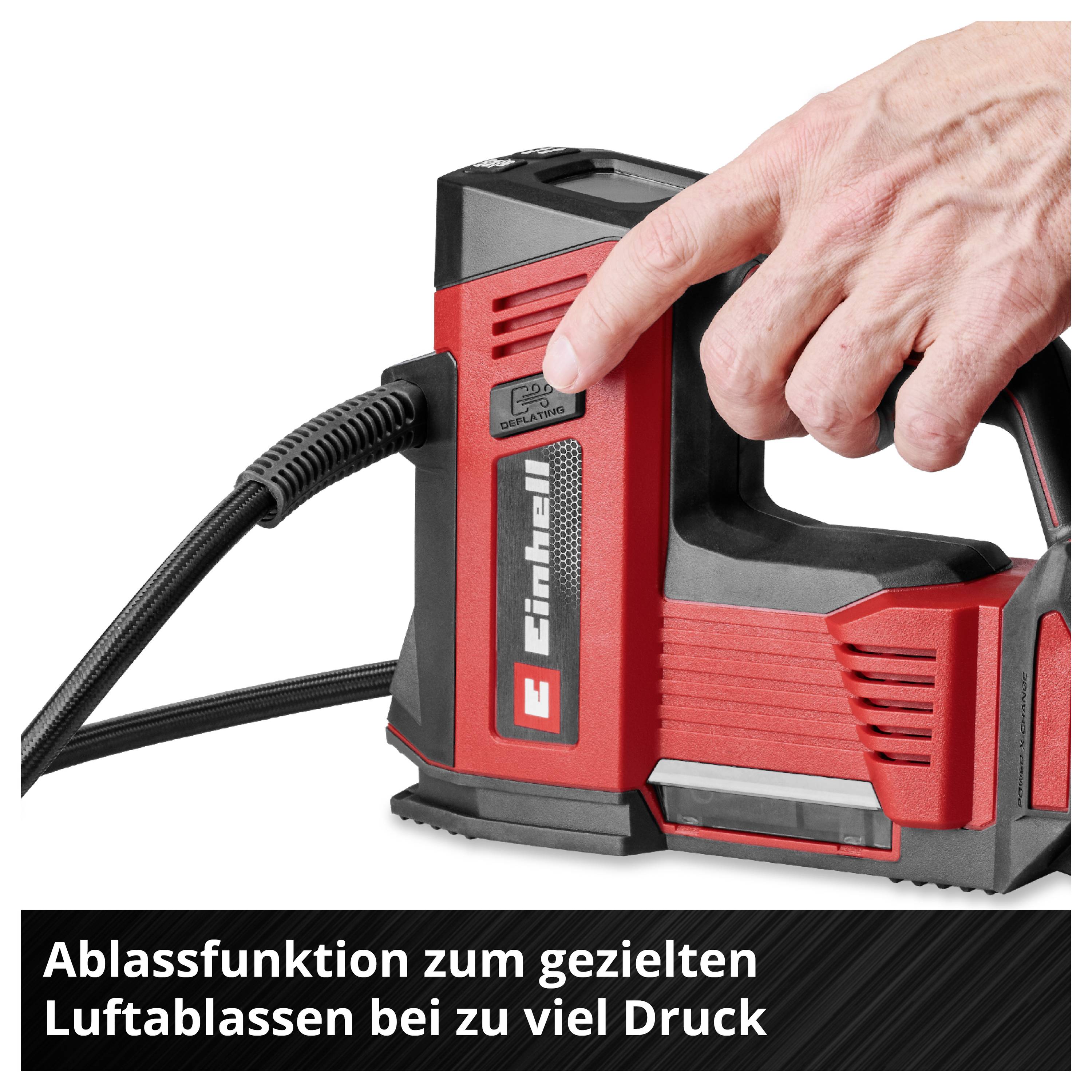 'Red air pump with black hose. Hand pressing black button. Text: Discharge function for targeted air release when pressure is too high.'