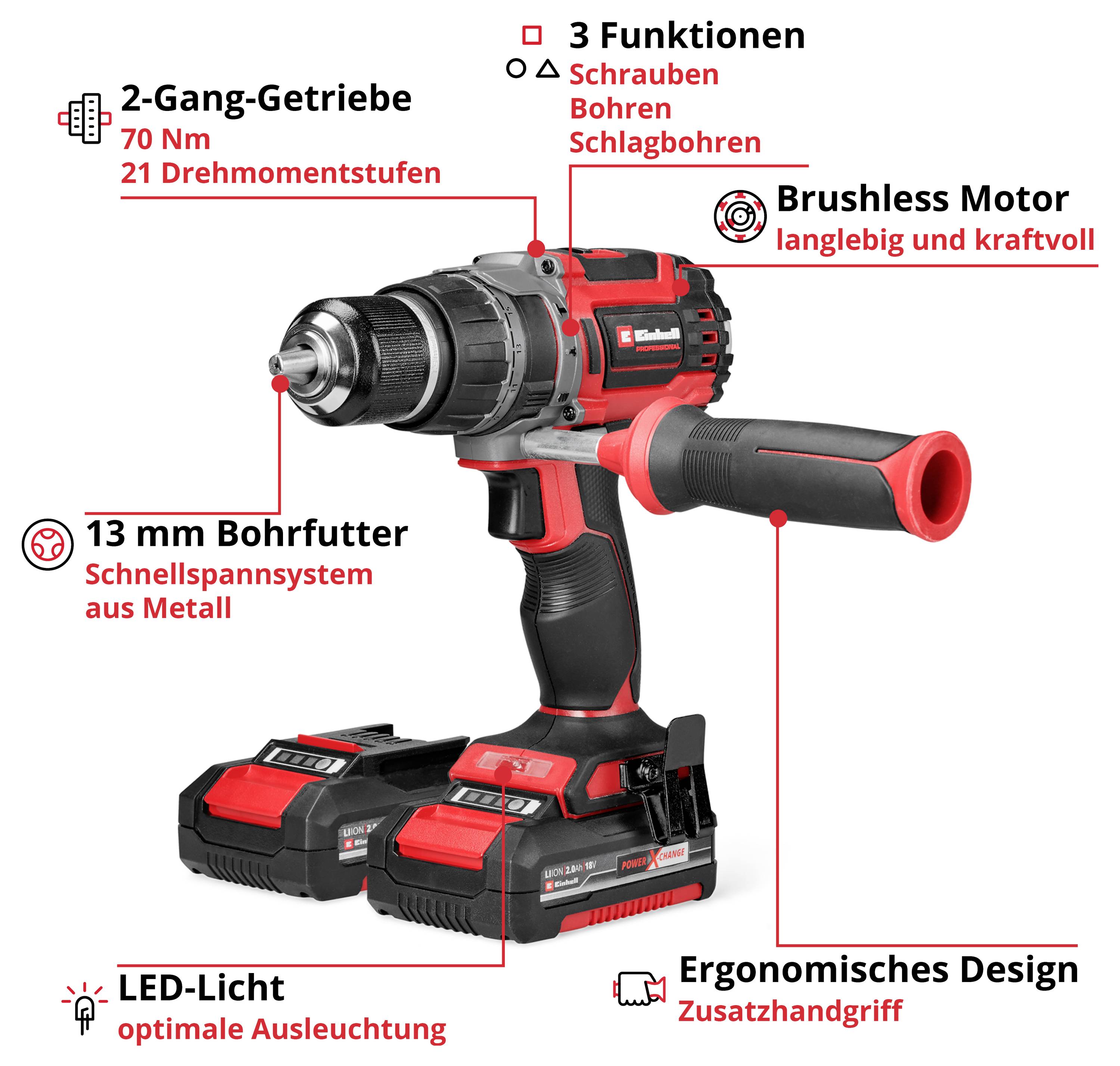 Cordless drill with two batteries and charger. Functions: Screwdriving, drilling, hammer drilling. Ergonomic design, LED light, brushless motor.
