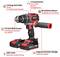 Cordless drill with two batteries and charger. Functions: Screwdriving, drilling, hammer drilling. Ergonomic design, LED light, brushless motor.