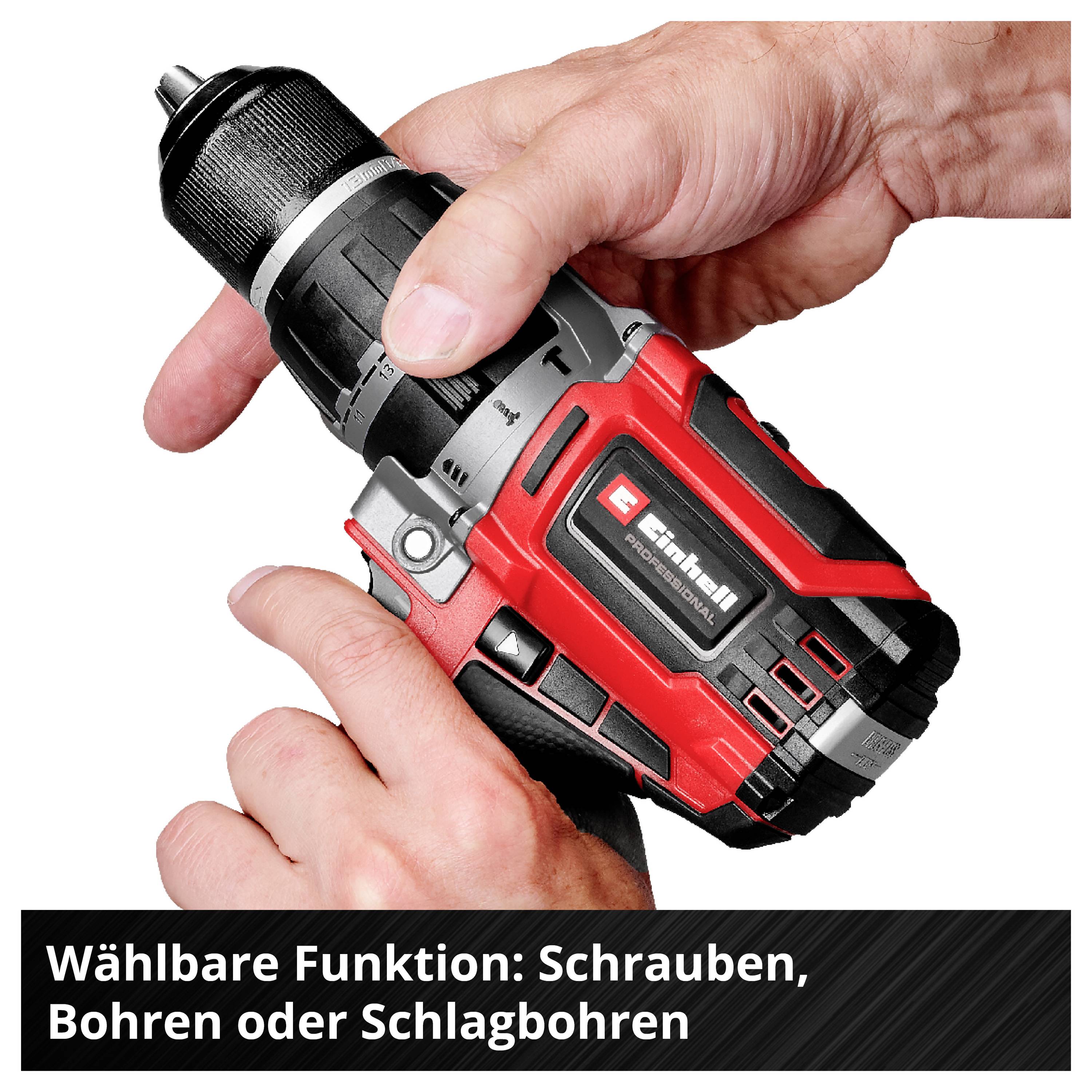 A hand is holding a red cordless screwdriver with a black grip. Text below: 'Selectable function: Screwdriving, Drilling or Hammer Drilling'.