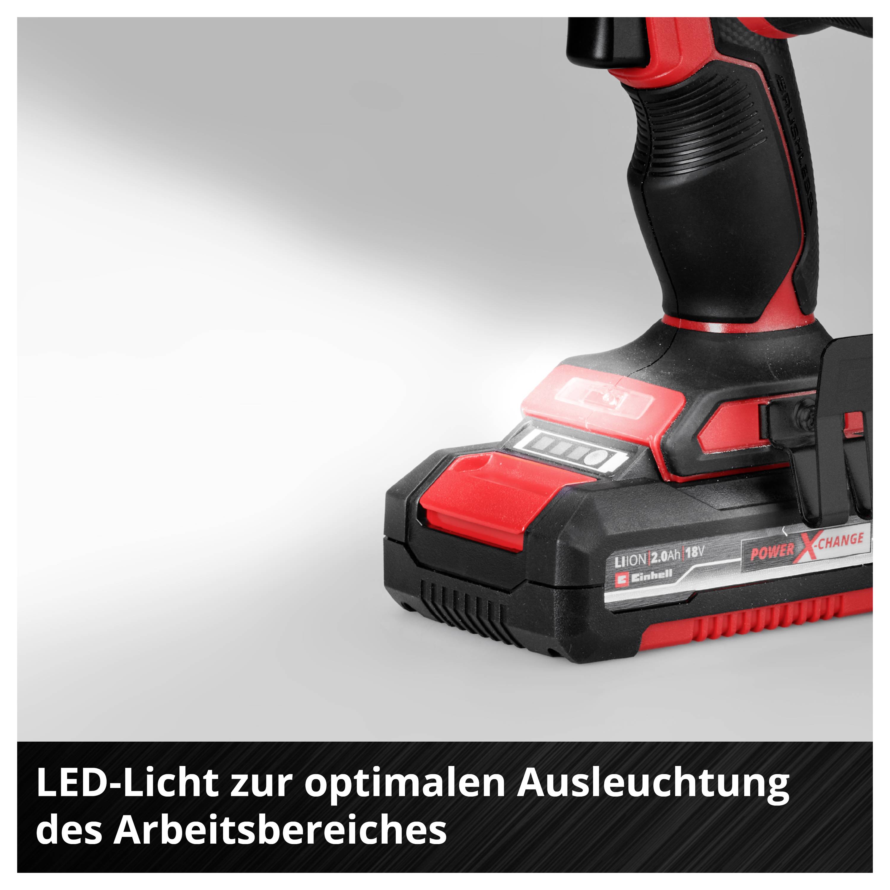 'Cordless drill with LED light for optimal illumination of the work area, shown in close-up.'