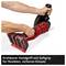 A red, handheld angle grinder. Labelled: 'Rotatable handle with soft grip for flexible, safe use'.