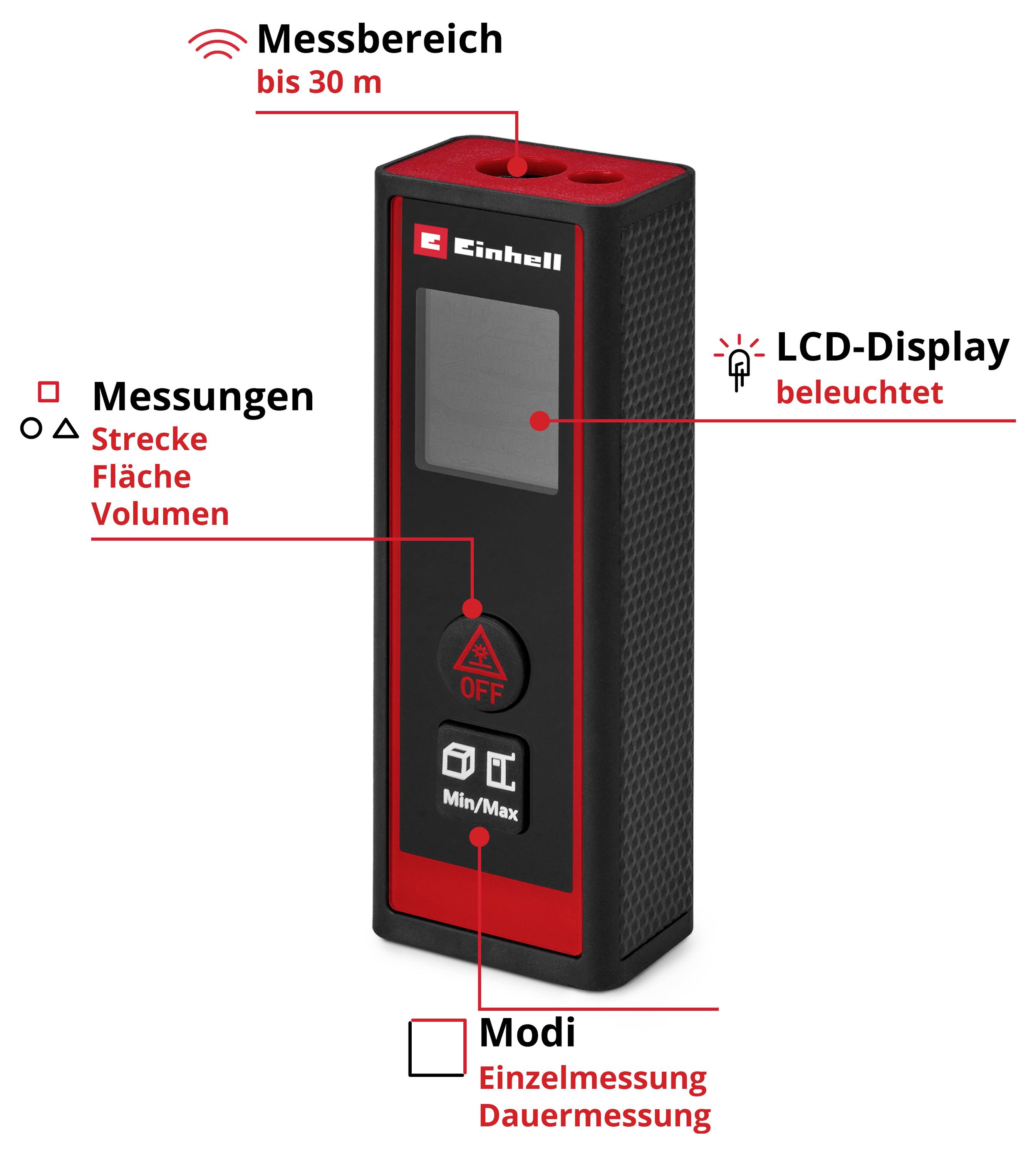 The digital distance metre shows a measurement range up to 30 m, an illuminated LCD display, modes for single and continuous measurement, as well as measurements of distance, area and volume.