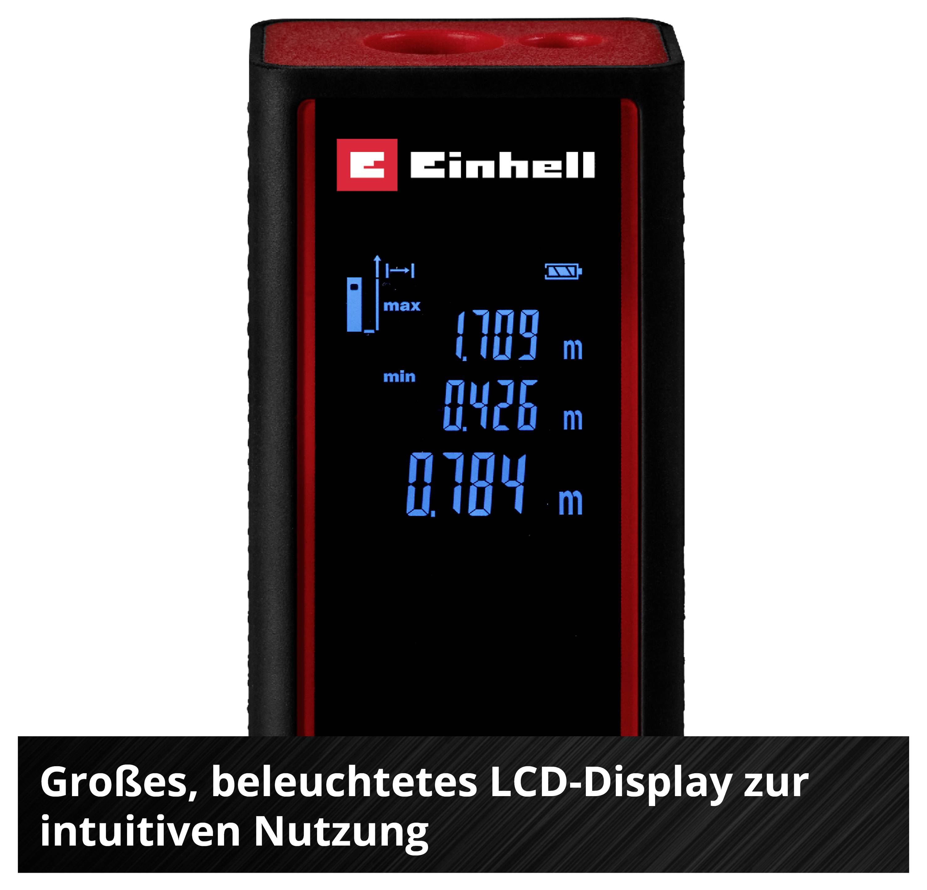 A laser distance meter with an illuminated LCD display shows measurements of '1.709 m', '0.426 m' and '0.784 m' for intuitive use.