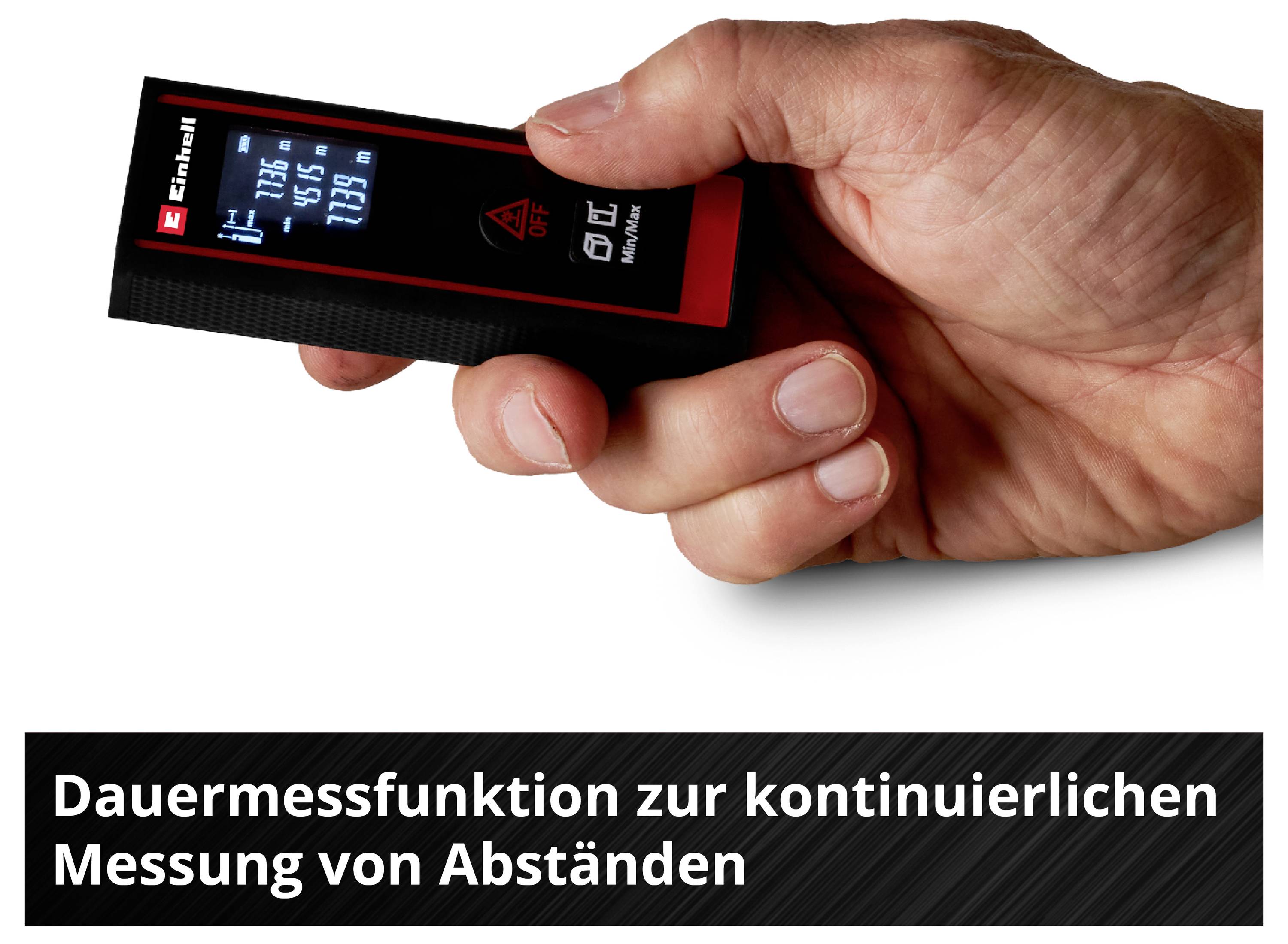 Hand holding a laser measuring device with a glowing display. Text underneath: 'Continuous measurement function for ongoing distance measurement'.