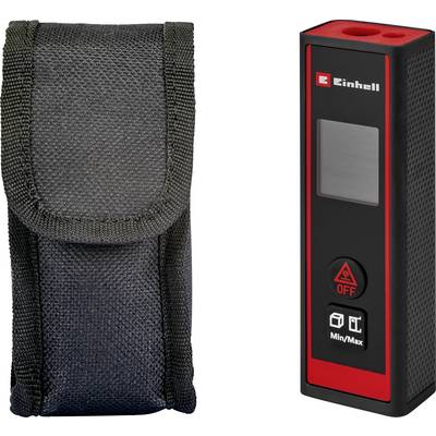 'Einhall laser distance measurer and black carrying case; device features an LCD screen with "OFF" and "Min/Max" buttons. Black and red design.'