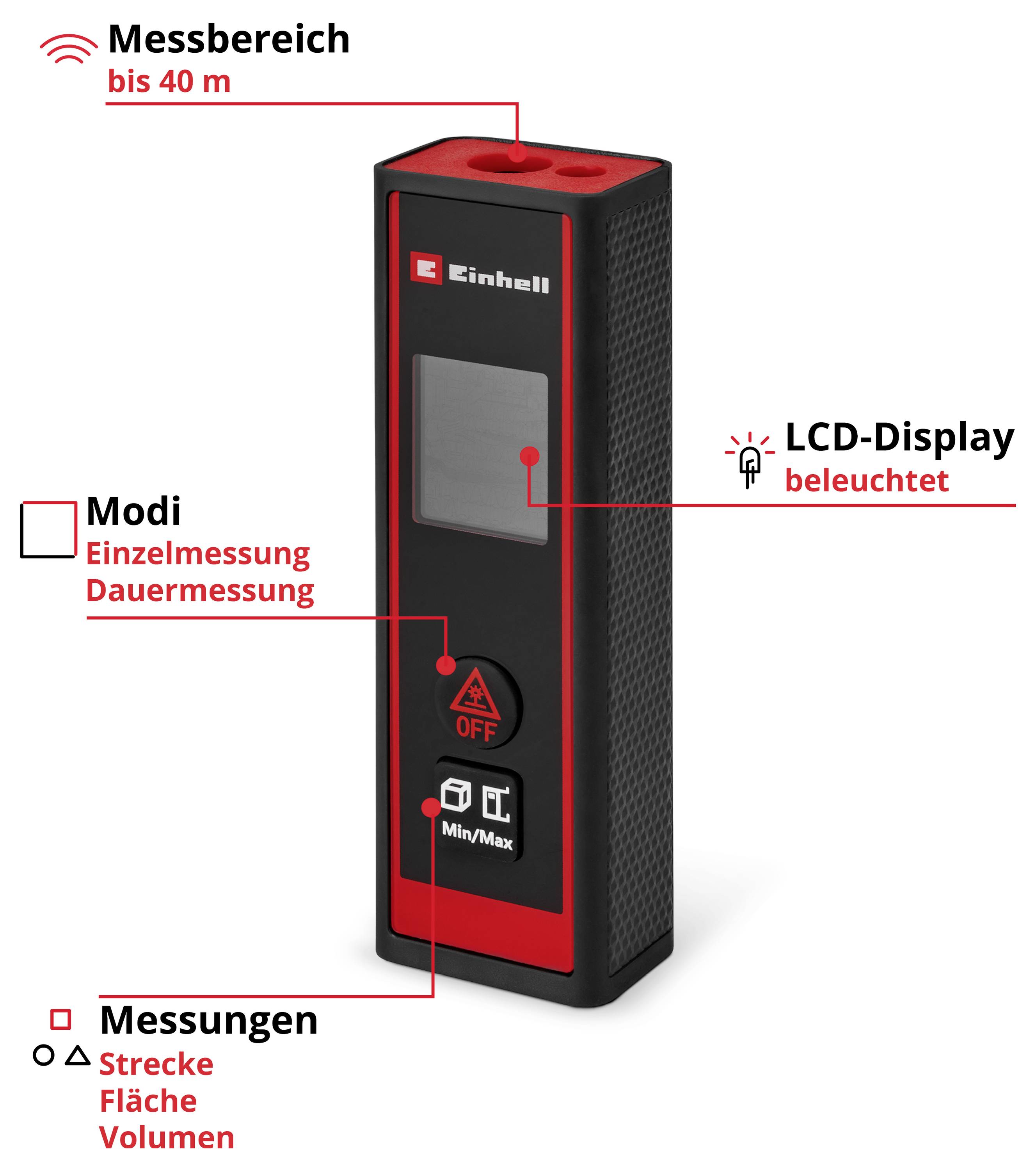 'Einhell' Laser Distance Measurer. Measuring range up to 40 m. Modes: Single and continuous measurement. Backlit LCD. Measures distance, area, volume.