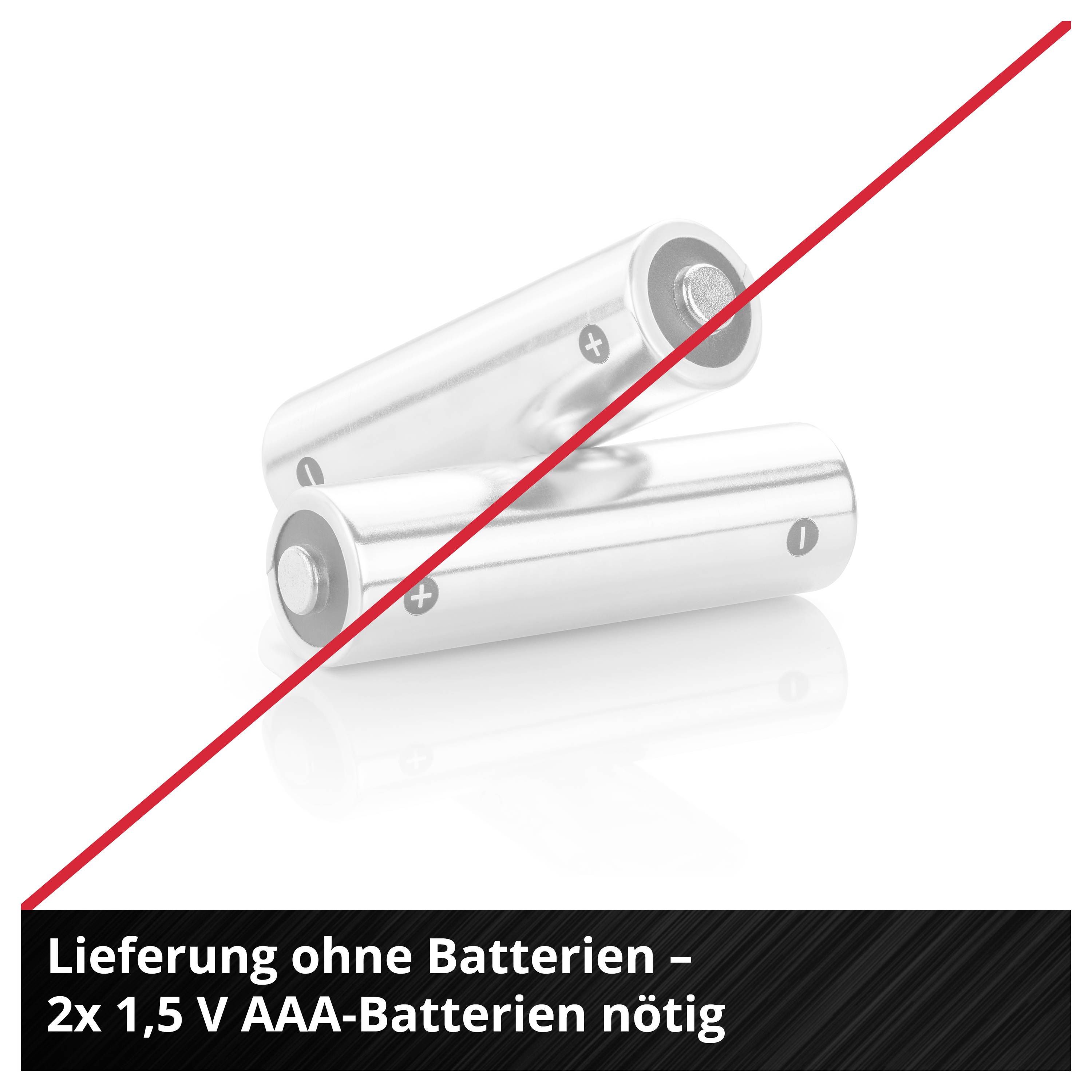 'Supplied without batteries – 2x 1.5 V AAA batteries required'. Two AAA batteries with a crossed-out symbol, indicating they are not included.