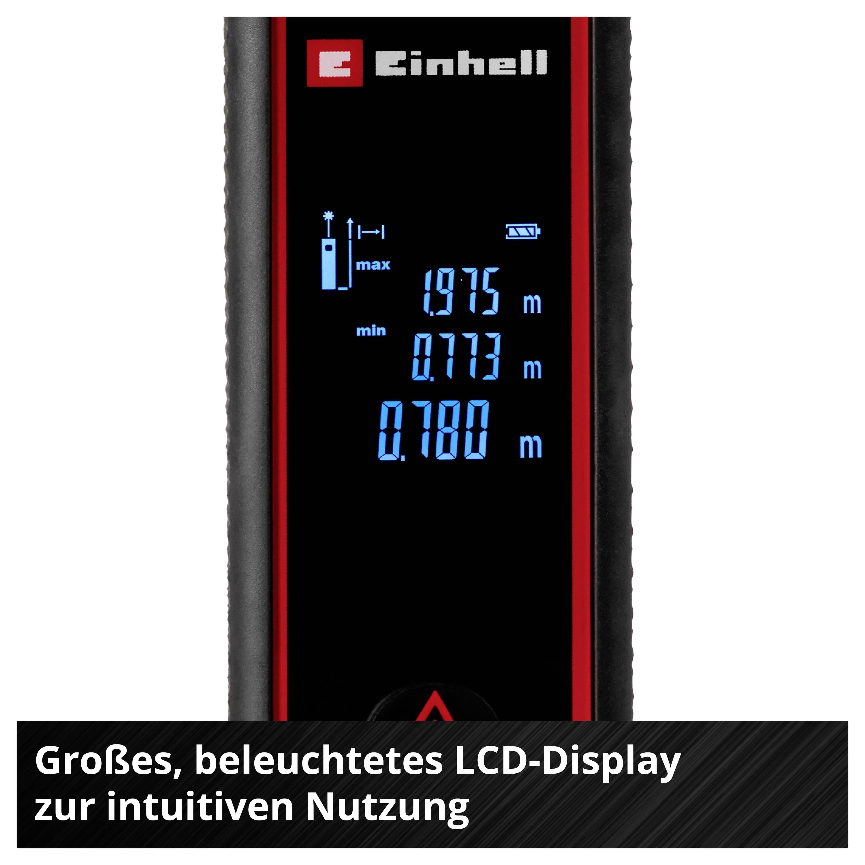 'Einhell' device with large, illuminated LCD display shows measurements of 1.975 m, 0.773 m and 0.780 m. Note: Intuitive usage.