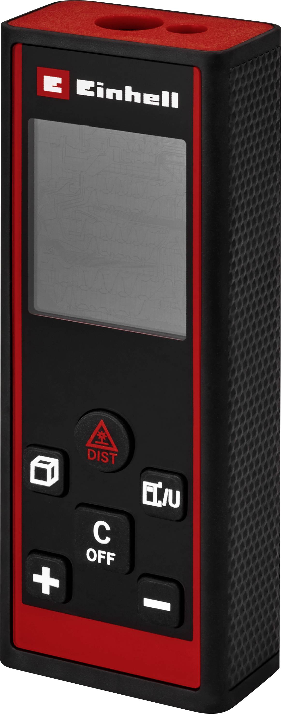 A black and red digital laser distance measurer with several buttons and an LCD screen, branded with 'Einhell' at the top.