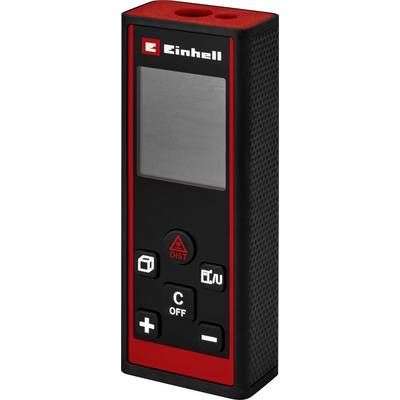 A black and red digital laser distance measurer with several buttons and an LCD screen, branded with 'Einhell' at the top.