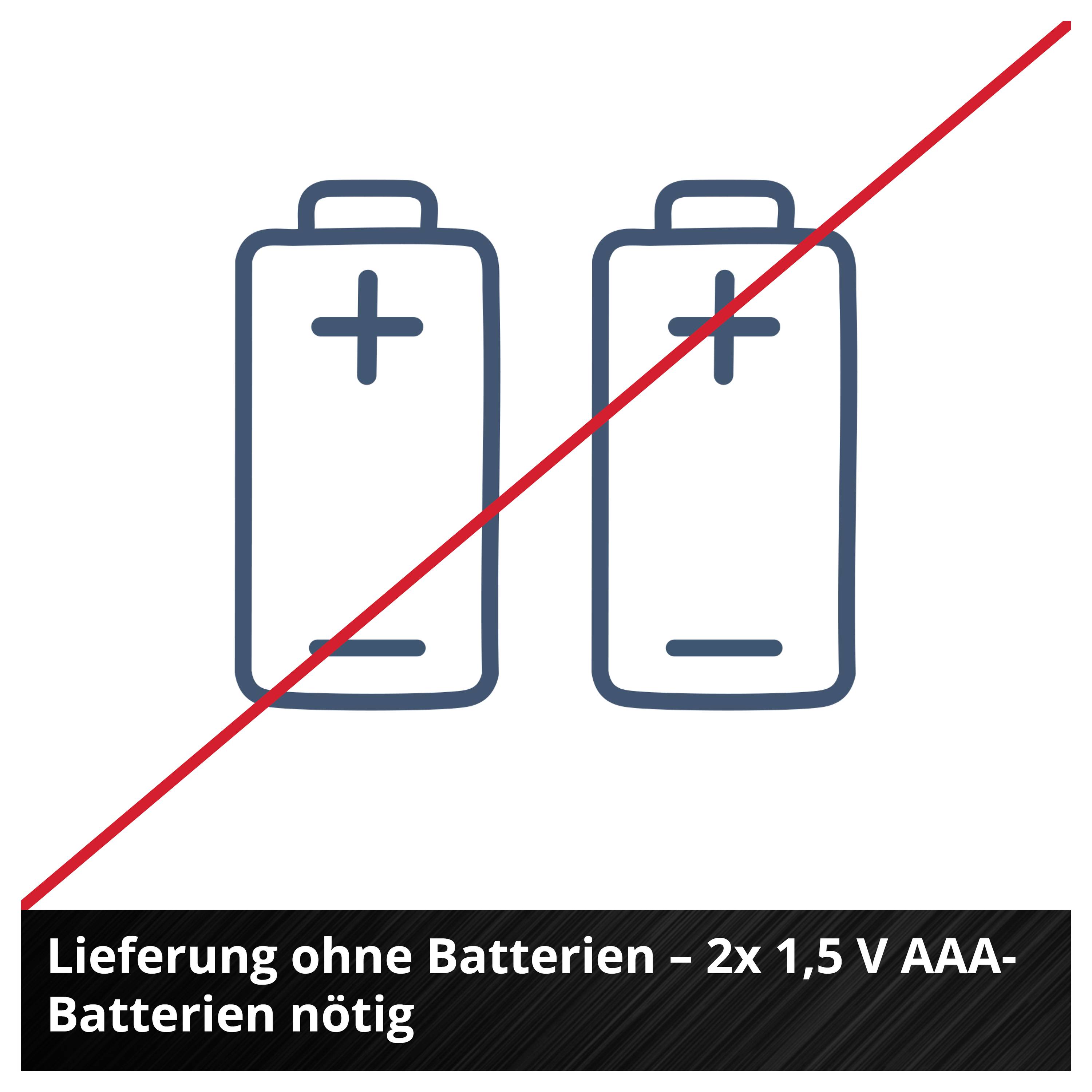 Two battery symbols with a red diagonal line crossing through them. Text below: 'Supplied without batteries – 2x 1.5V AAA batteries required'.