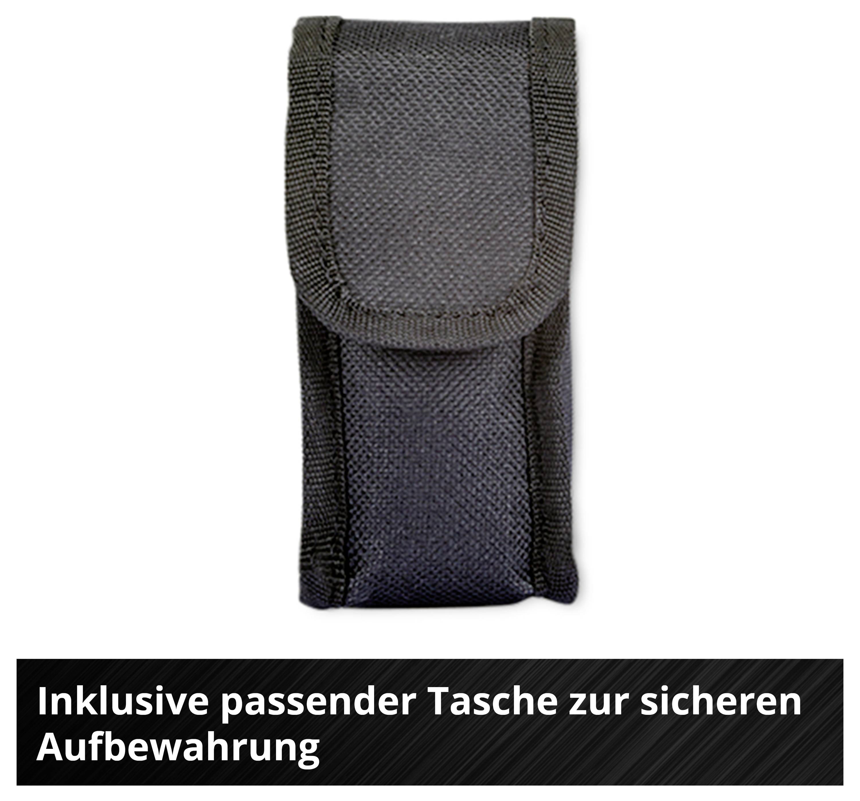Black bag with hook and loop fastener for secure storage of items. Text underneath: 'Includes matching bag for secure storage'.