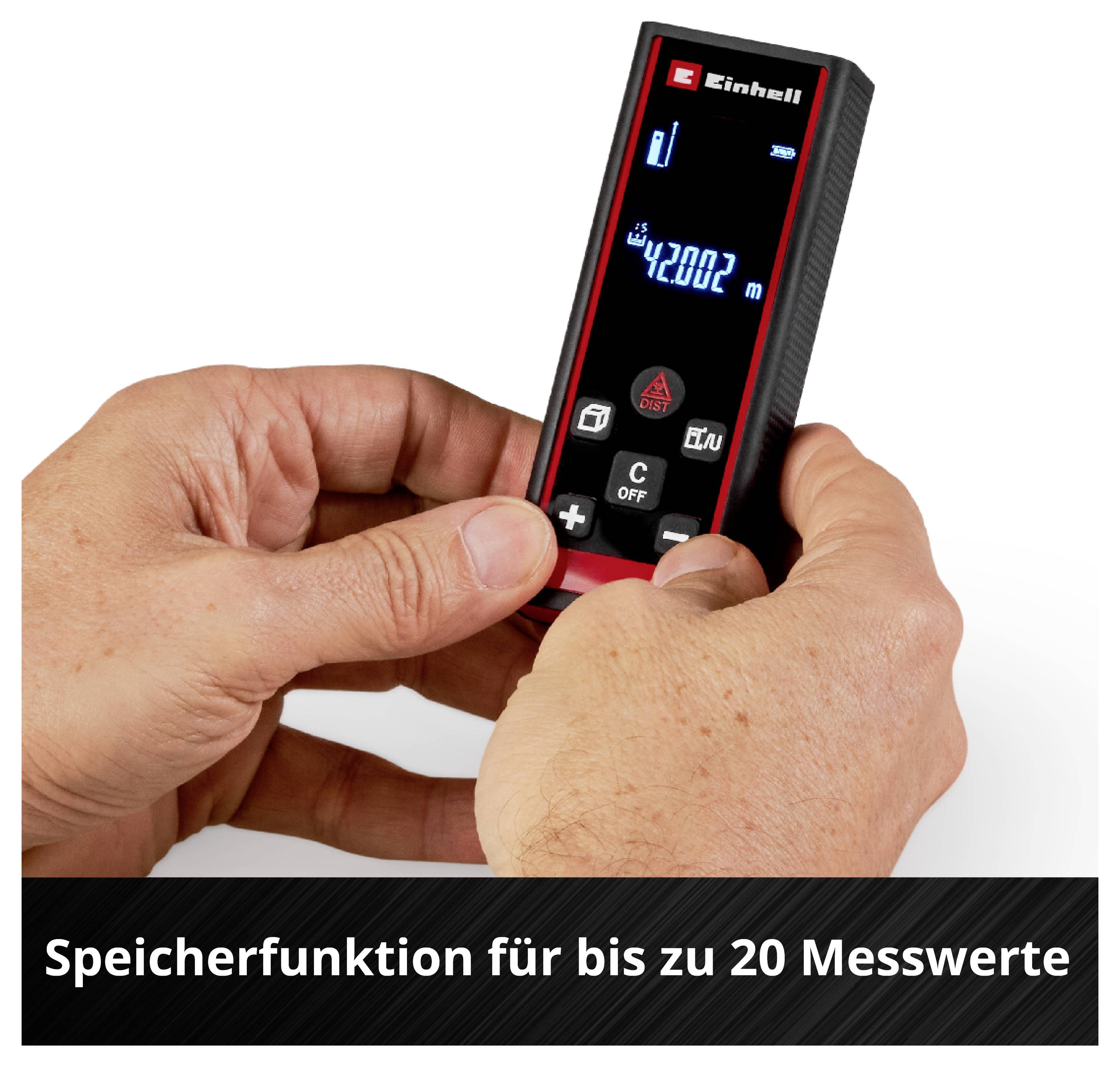 A handheld device is held by two hands and displays measured values on the screen. Text: 'Storage function for up to 20 measured values'.