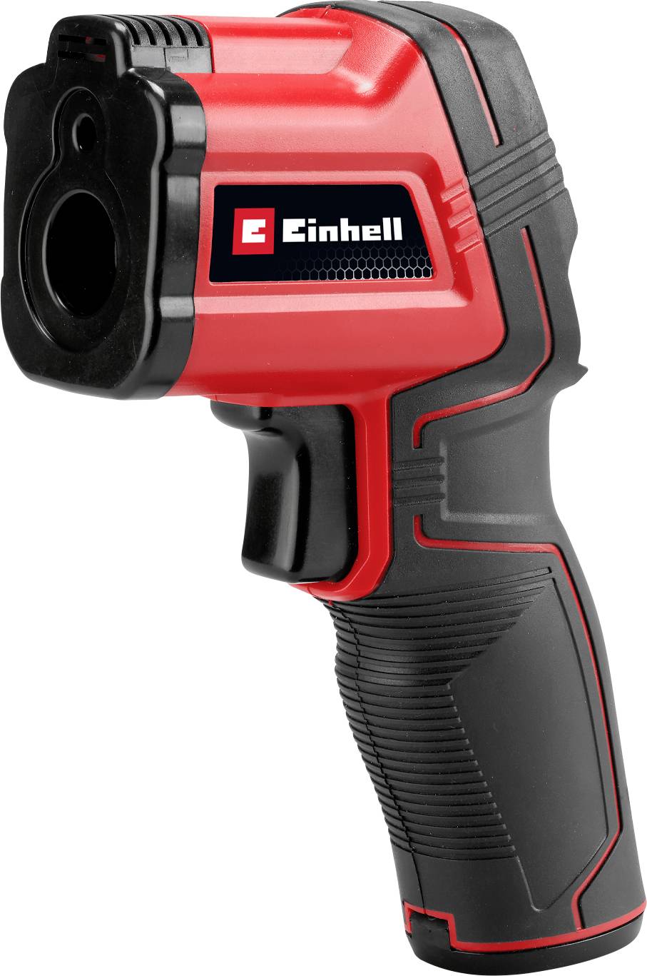 A red and black handheld infrared thermometer with a display screen, used for measuring temperature from a distance.