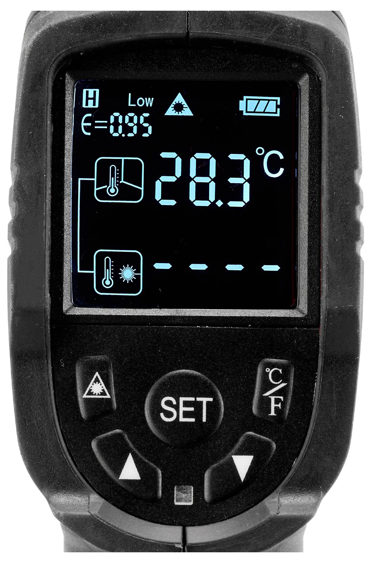 Digital infrared thermometer display showing a temperature reading of 28.3°C, with icons for laser and battery status.
