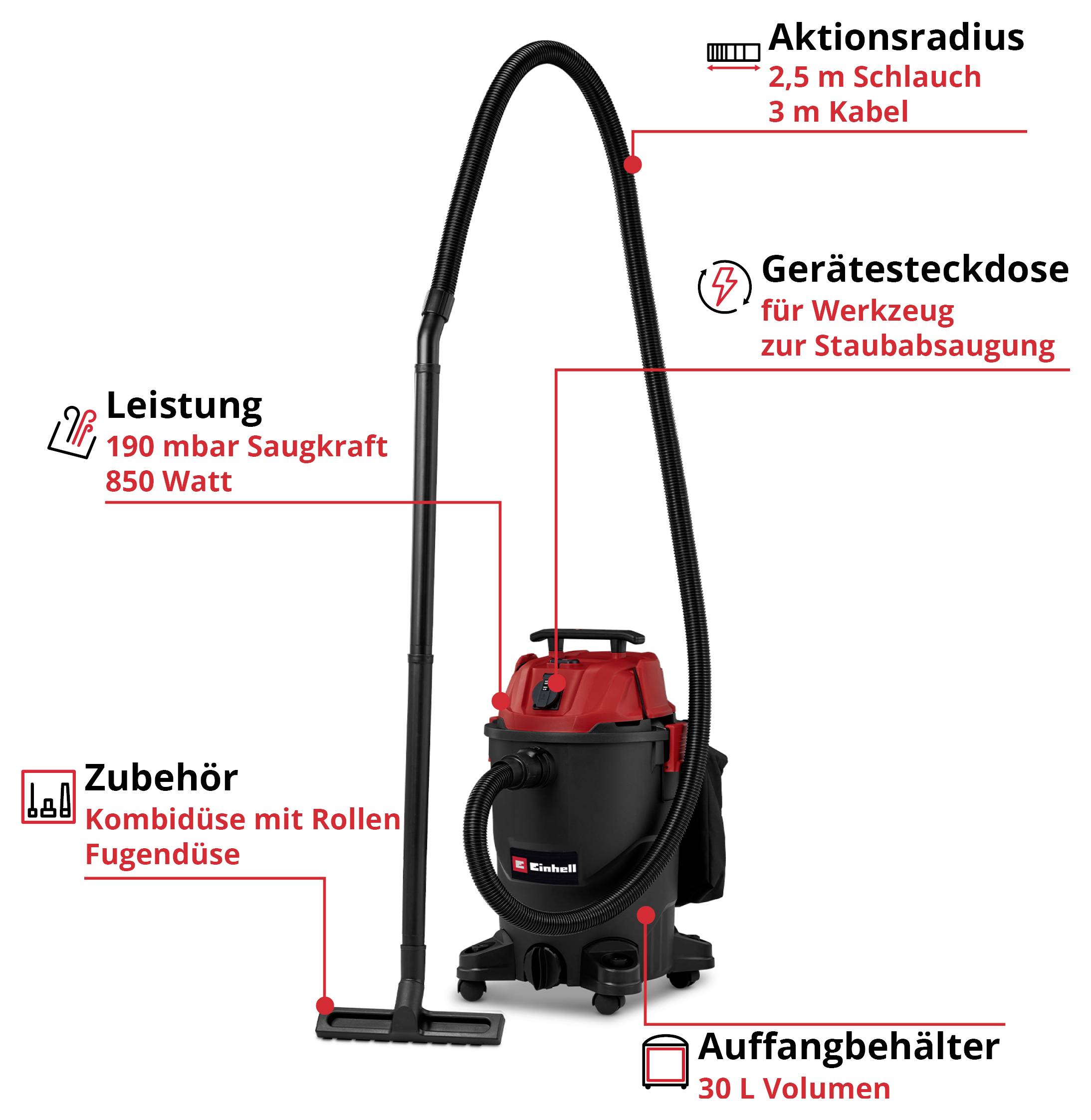 Wet and Dry Vacuum Cleaner with 2.5 m hose, 30 L container. Power: 850 watts, 190 mbar. Accessories: Combi nozzle, crevice tool. Power socket for tools.