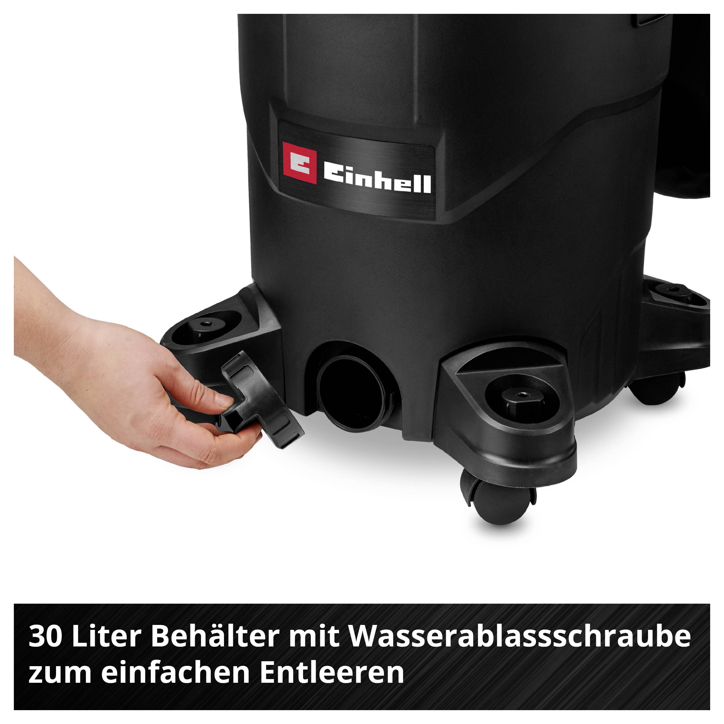 A vacuum cleaner container with a 30-litre capacity, fitted with a water drainage screw for easy emptying.